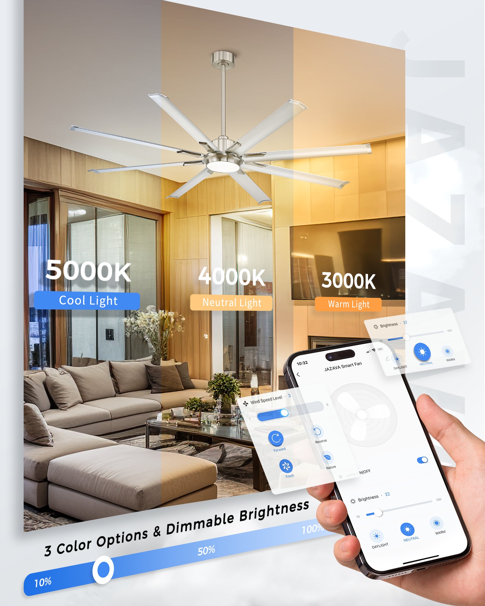 72" Smart Ceiling Fan with Light,Aluminium Blades,Works with Alexa,Brushed Nickel