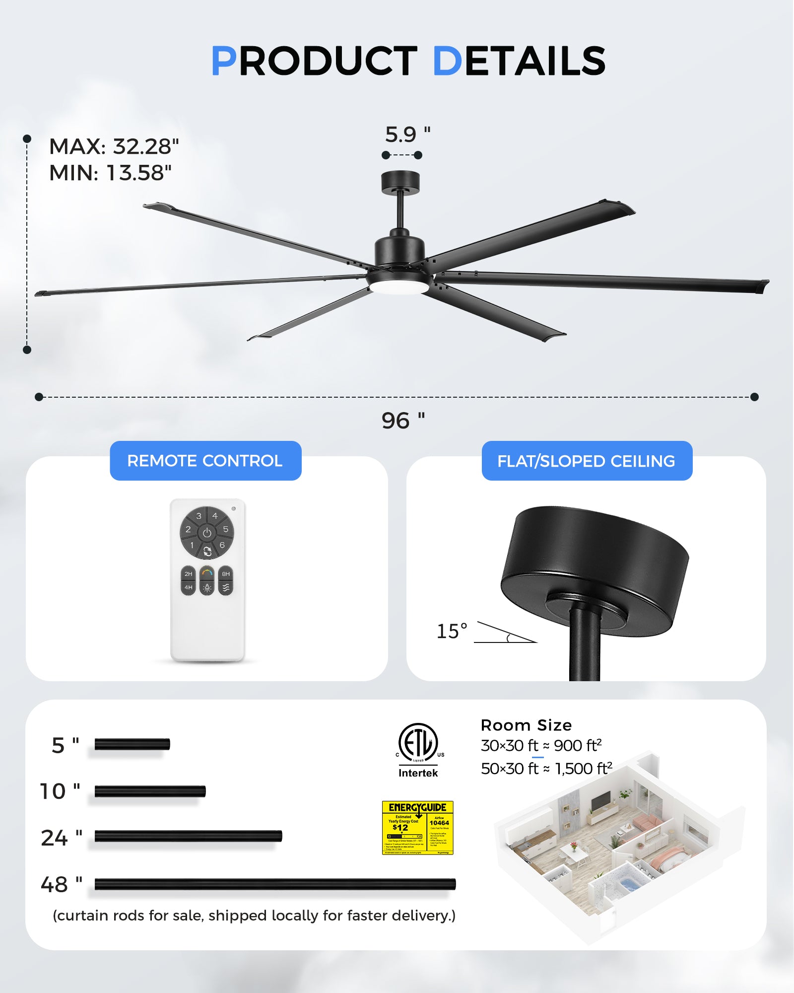 96" Industrial Ceiling Fan with Light, Aluminium Blades, Matte Black