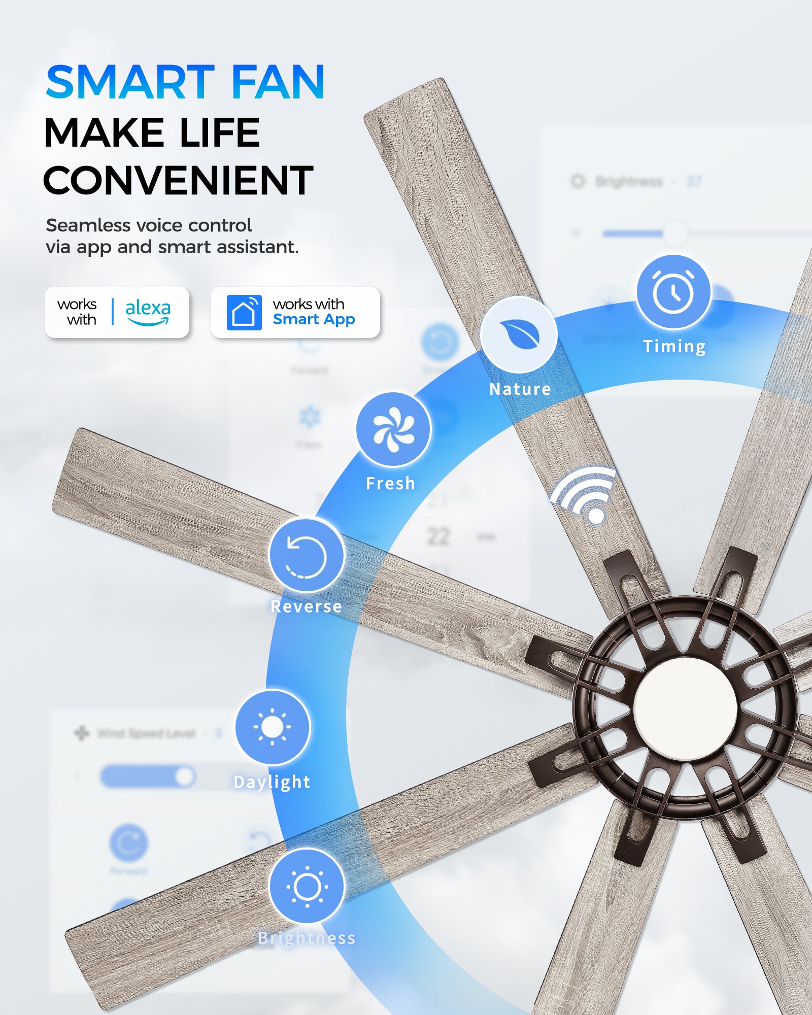 84" Smart Ceiling Fan with Light, Patented Hub Design, Plywood Blade, Alexa App Control, Bronze & Wood