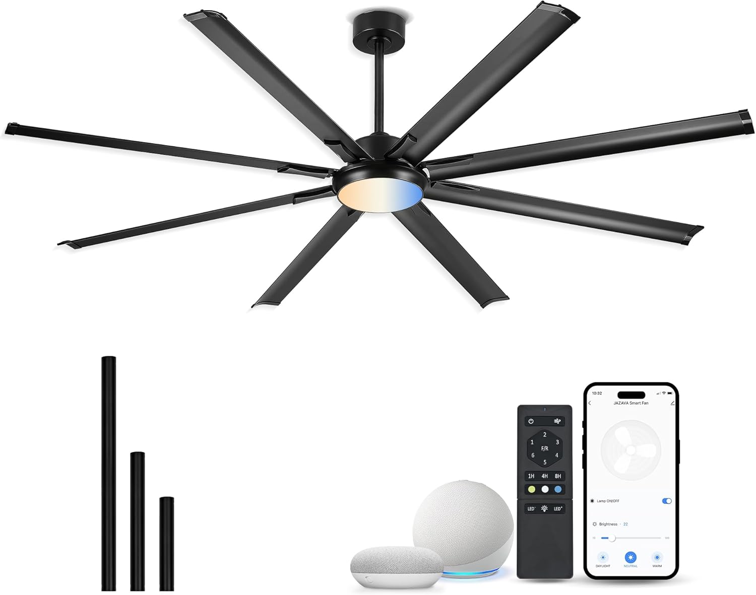 84 Inch Industrial Ceiling Fans With Lights and Remote,Extra Large Indoor/Outdoor Ceiling Fan With 8 Aluminium Metal Blades,Brushed Nickel Ceiling Fan,Works with Alexa and Google Home