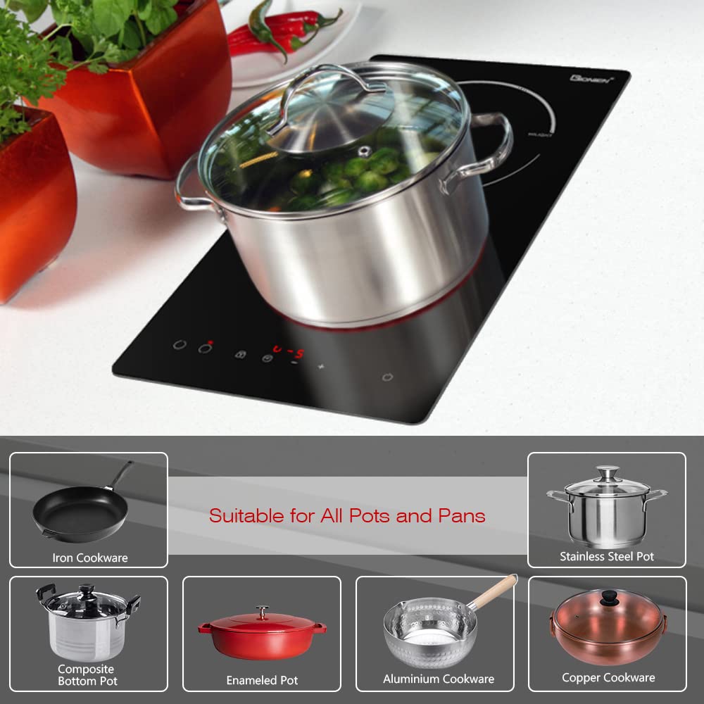 Electric Cooktop 2 Burners 220V~240V, Built-in 12 Inch Ceramic Cooktop, Double Glass Cooktop, Apartment Size Electric Radiant Cooktop with Hard Wire,3000W,No Plug