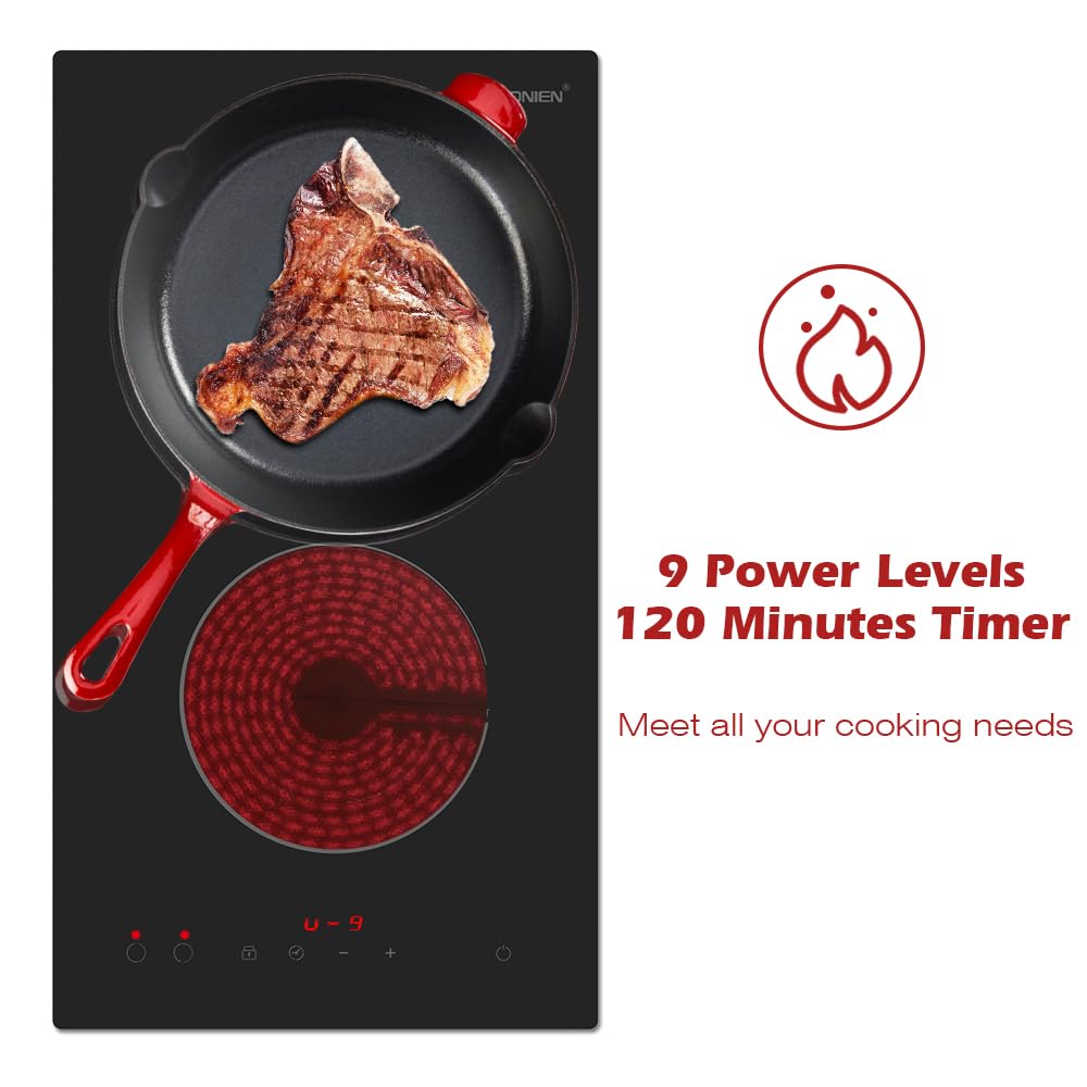 Electric Cooktop 2 Burners 220V~240V, Built-in 12 Inch Ceramic Cooktop, Double Glass Cooktop, Apartment Size Electric Radiant Cooktop with Hard Wire,3000W,No Plug