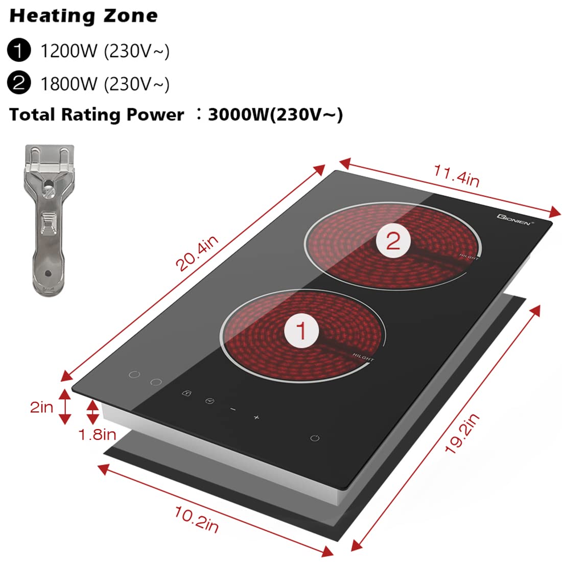 Electric Cooktop 2 Burners 220V~240V, Built-in 12 Inch Ceramic Cooktop, Double Glass Cooktop, Apartment Size Electric Radiant Cooktop with Hard Wire,3000W,No Plug