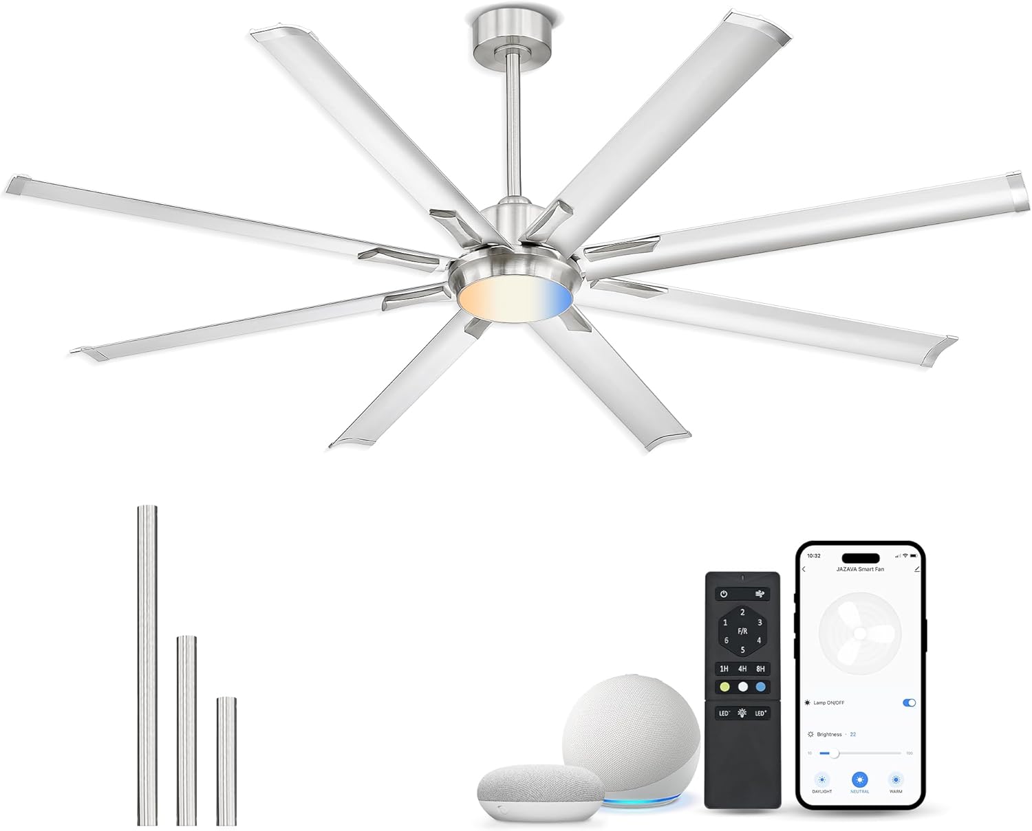 72 Inch White & Gold Ceiling Fan,Smart Ceiling Fan with Voice Control,Work With Alexa and Geogle,Large Ceiling Fan With 8 Aluminium Metal Blades