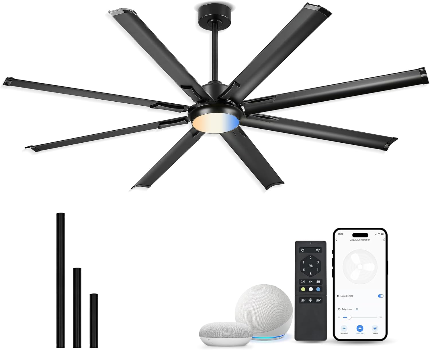 72 Inch White & Gold Ceiling Fan,Smart Ceiling Fan with Voice Control,Work With Alexa and Geogle,Large Ceiling Fan With 8 Aluminium Metal Blades