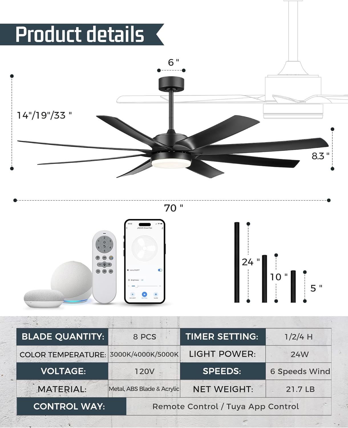 70 Inch Ceiling Fans with Lights, Smart Ceiling Fan with ALEXA and Google, Reversible DC Motor, 3CCT Dimmable Black Ceiling Fan for Patio