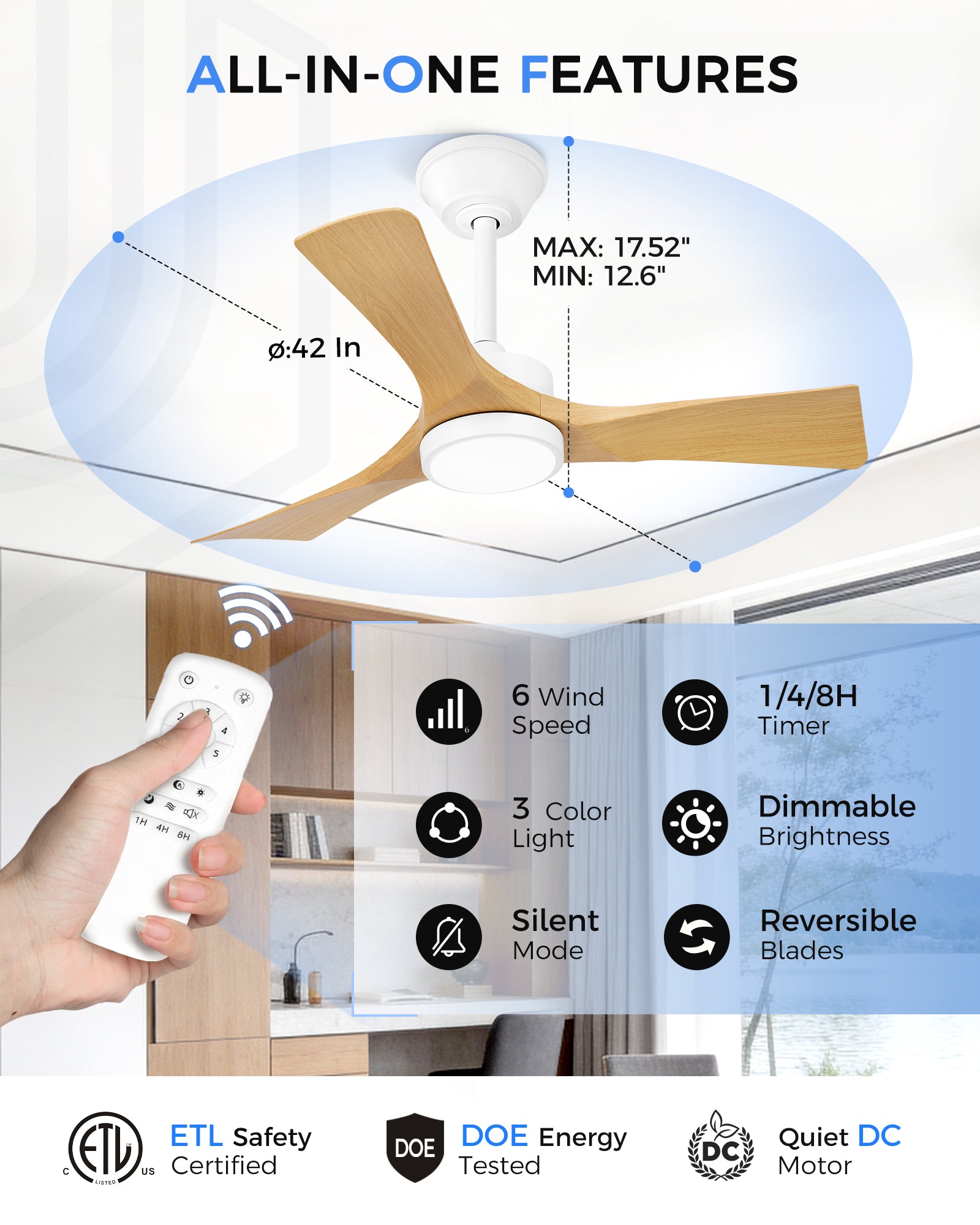 42" Coastal Ceiling Fan with Light, Corrosion-Resistant, Quiet DC Motor, 3CCT LED,  Remote Control, White
