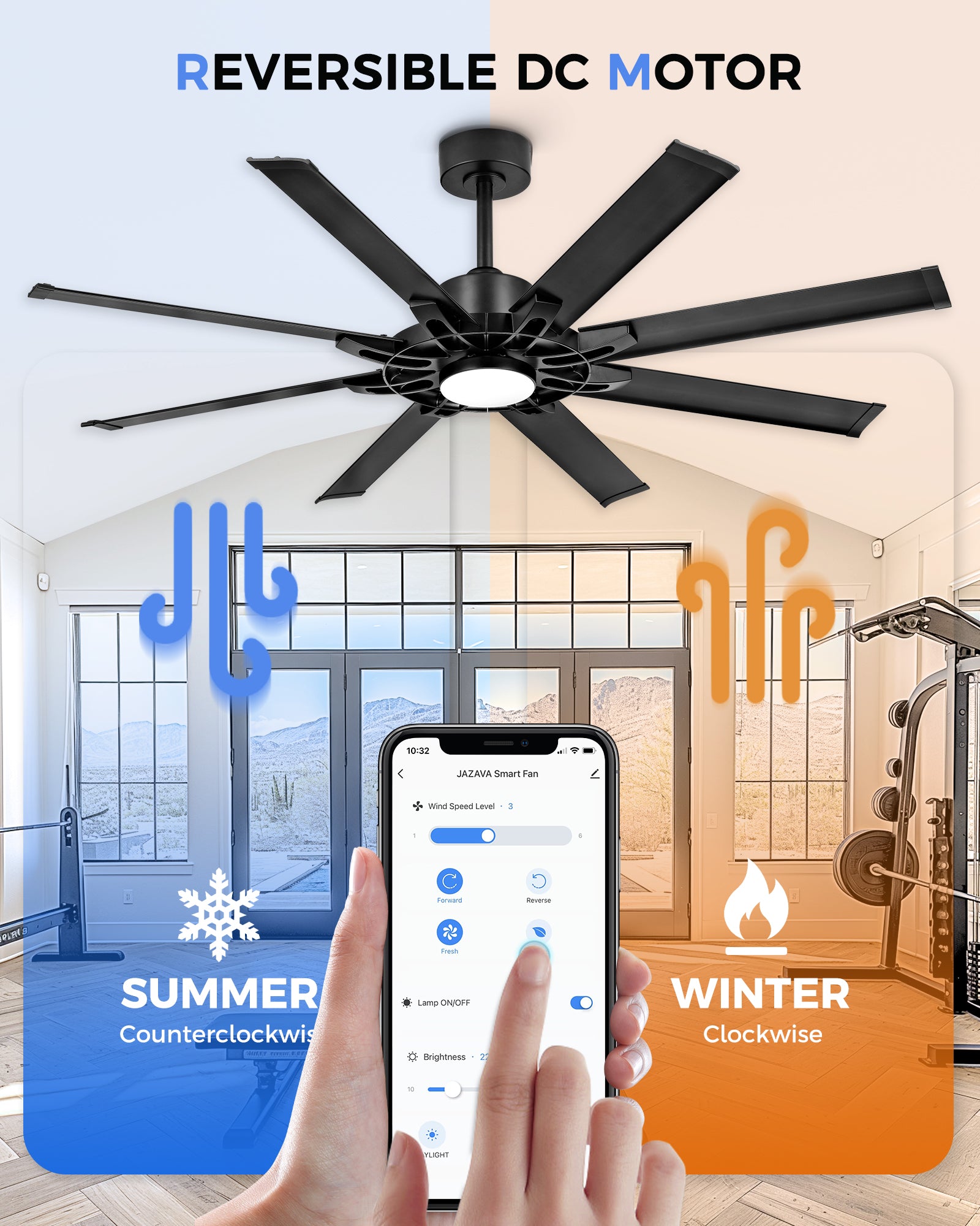 60" Smart Ceiling Fan with Light, Patented Hub Design, Aluminium Blade, Alexa App Control, Black