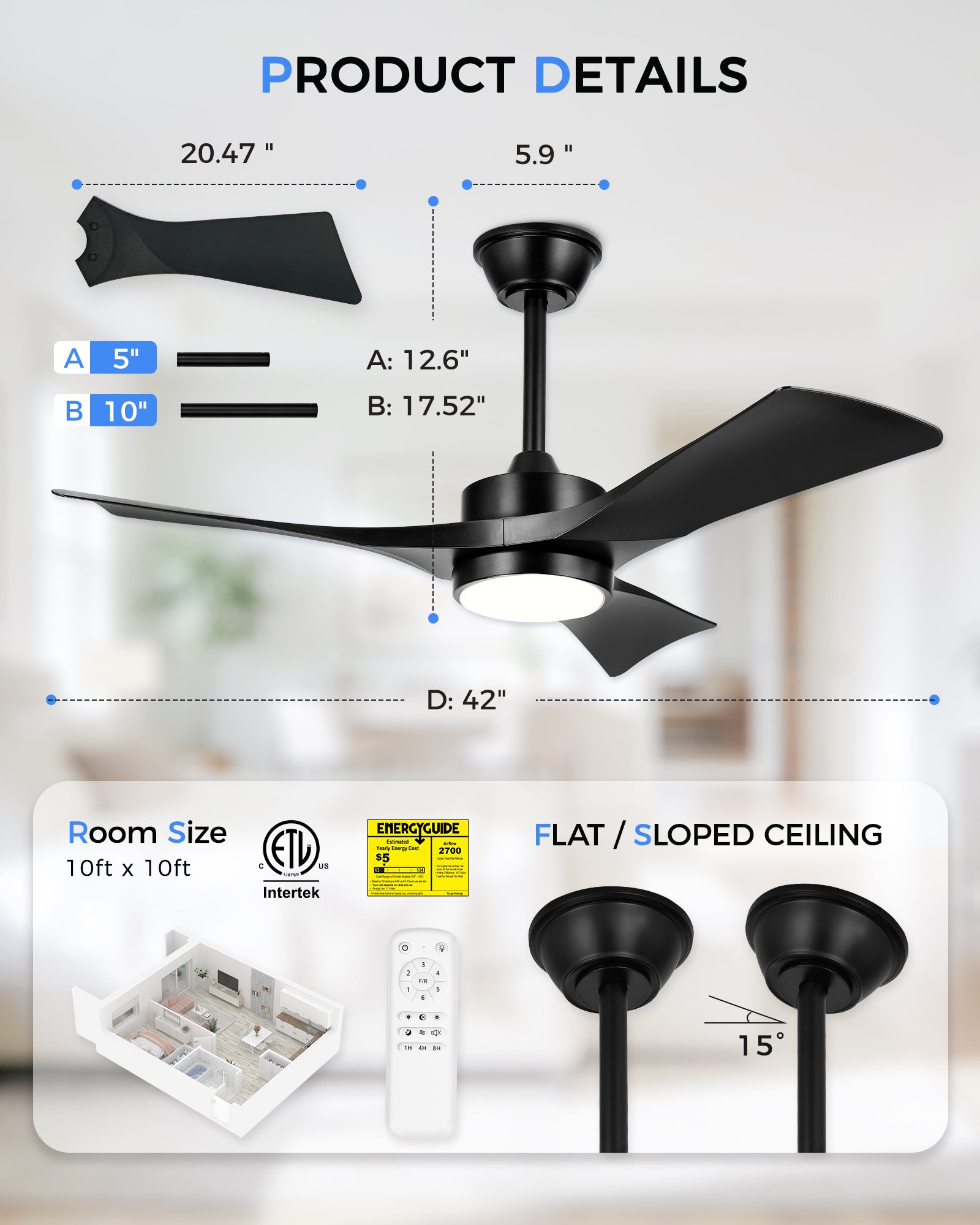 42" Coastal Ceiling Fan with Light, Corrosion-Resistant, Quiet DC Motor, 3CCT LED, Remote Control, Black