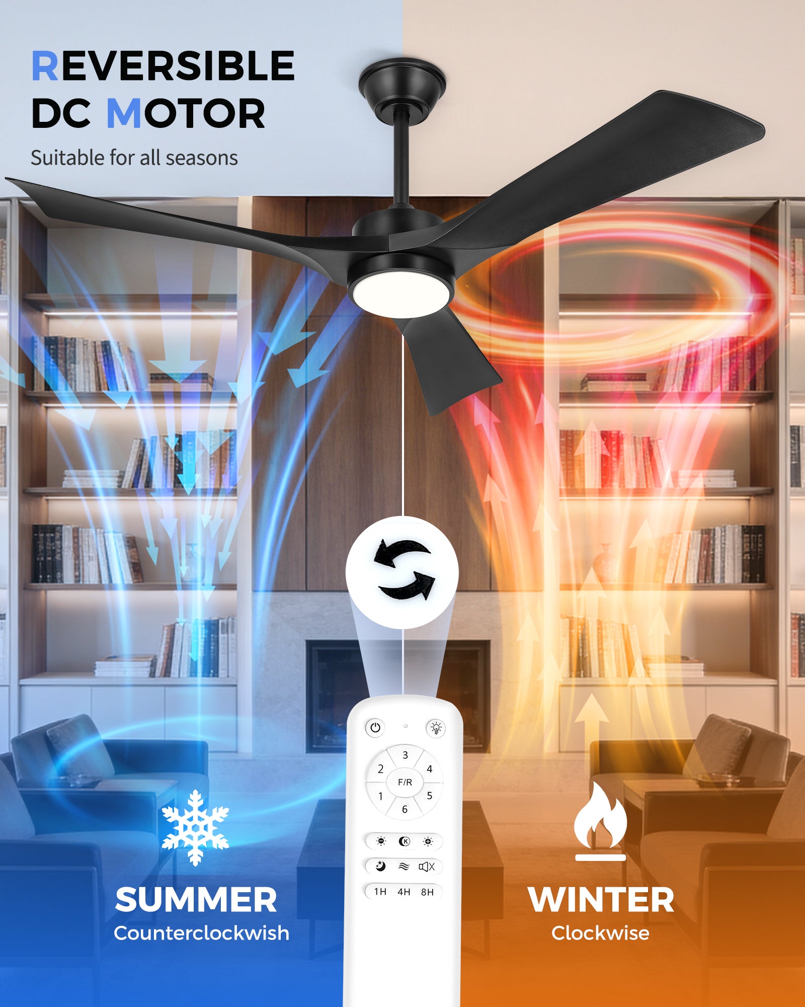 52" Coastal Ceiling Fan with Light, Corrosion-Resistant, Quiet DC Motor, 3CCT LED, Remote Control, Black