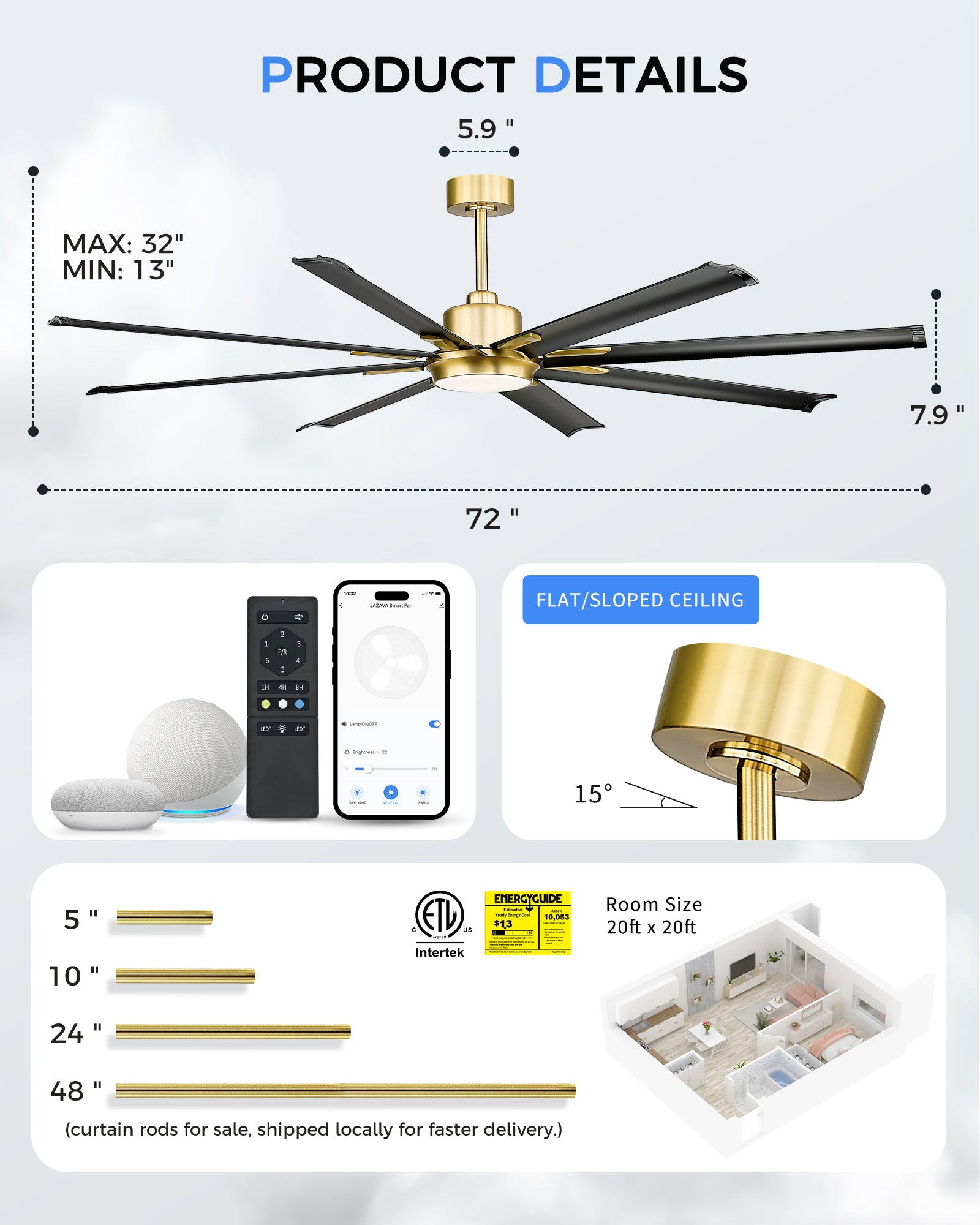 72" Smart Ceiling Fan with Light,Aluminium Blades,Works with Alexa,Black & Gold