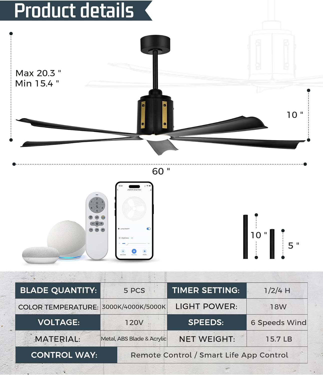 Smart 60 Inch Ceiling Fan, Black Ceiling Fans with Lights and Remote, Quiet DC Motor, Voice Control with 2.4G WiFi, Modern Indoor Ceiling Fans with Light for Bedroom Patio