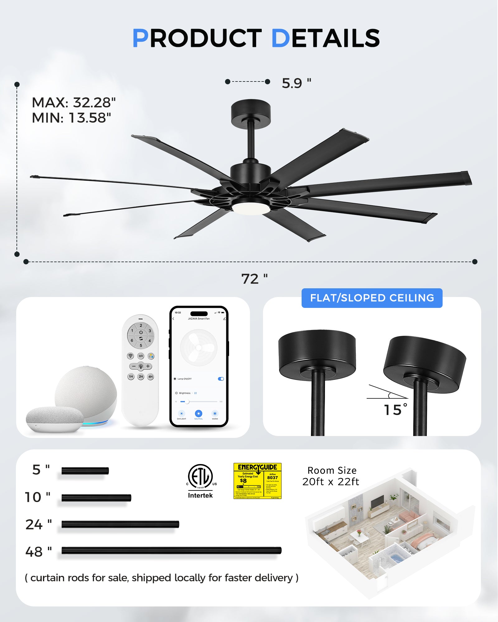 72" Smart Ceiling Fan with Light, Patented Hub Design, Aluminium Blade, Alexa App Control, Black