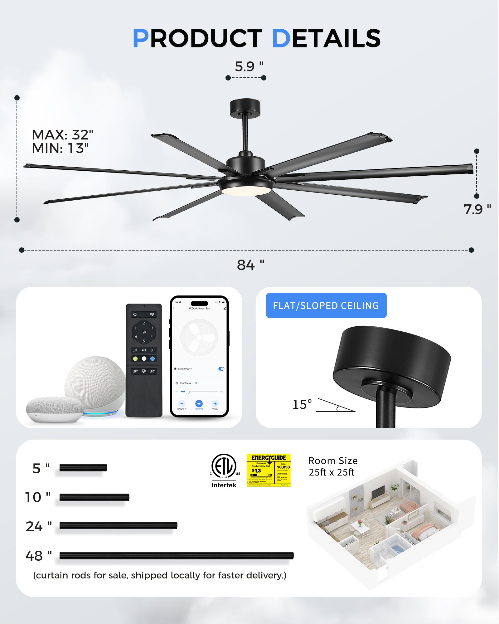 84" Smart Ceiling Fan with Light,Aluminium Blades,Works with Alexa,Matte Black