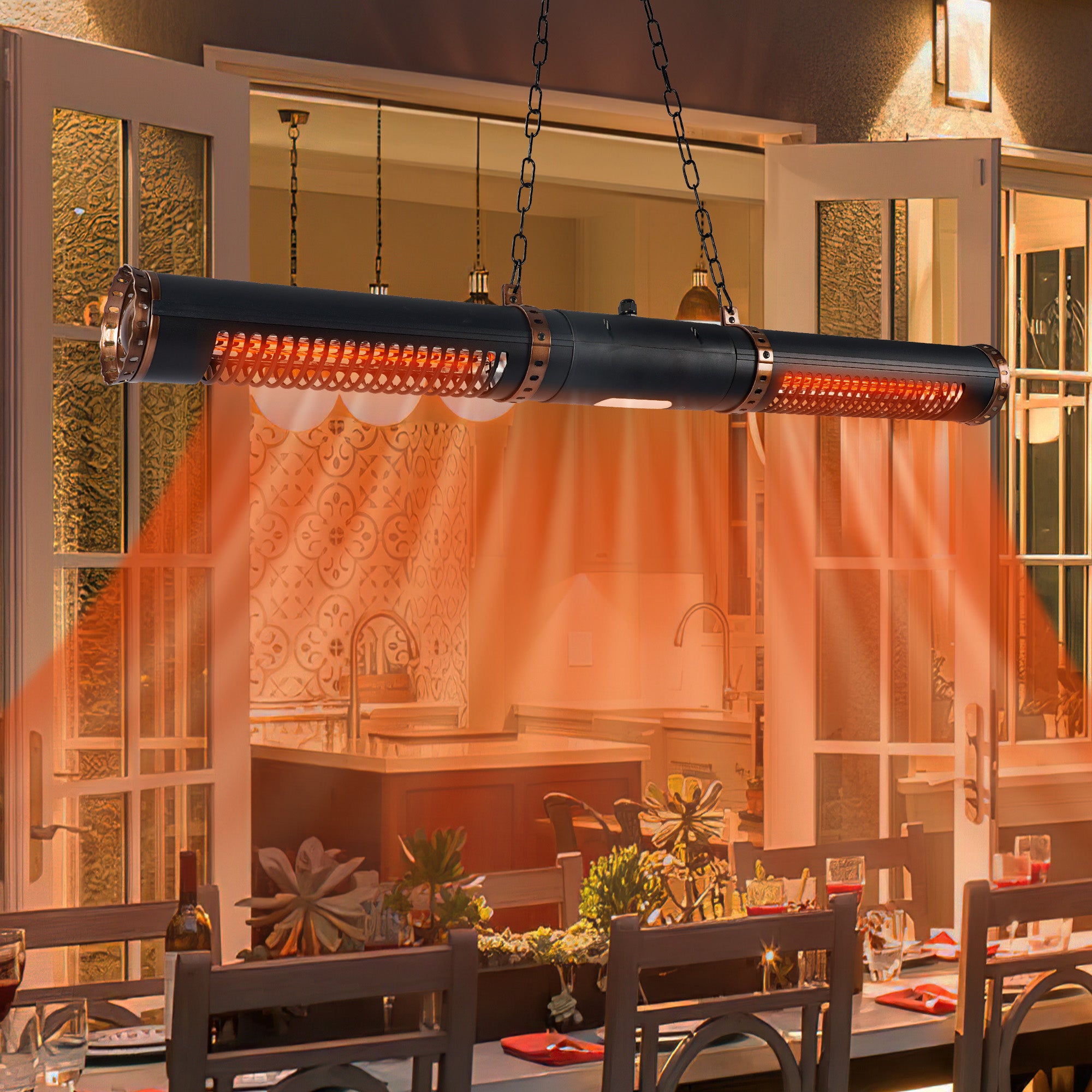 Electric Patio Infrared Heater - USAG00050 - 750/1500W Hanging/Ceiling Outdoor Heater with Remote, with Cylinder Shape, Sectional & Silent Heating, IP54 Waterproof