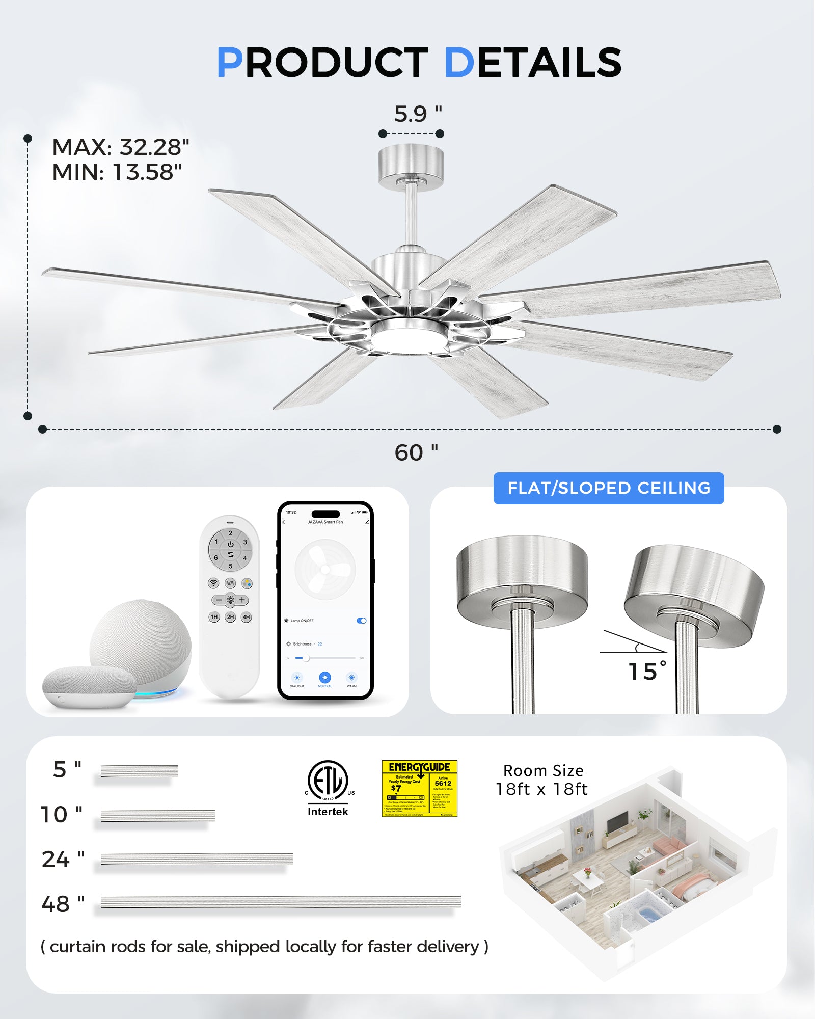 60" Smart Ceiling Fan with Light, Patented Hub Design, Plywood Blade, Alexa App Control, Brushed Nickel & Wood