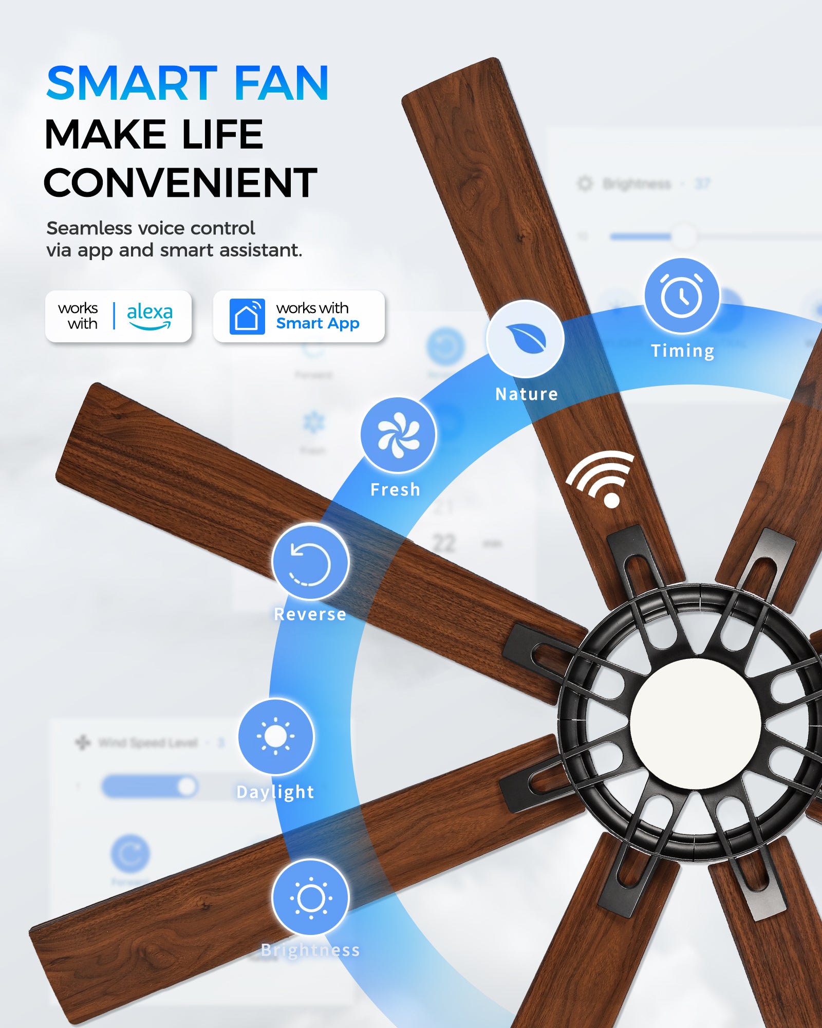 72" Smart Ceiling Fan with Light, Patented Hub Design, Plywood Blade, Alexa App Control, Black & Walnut