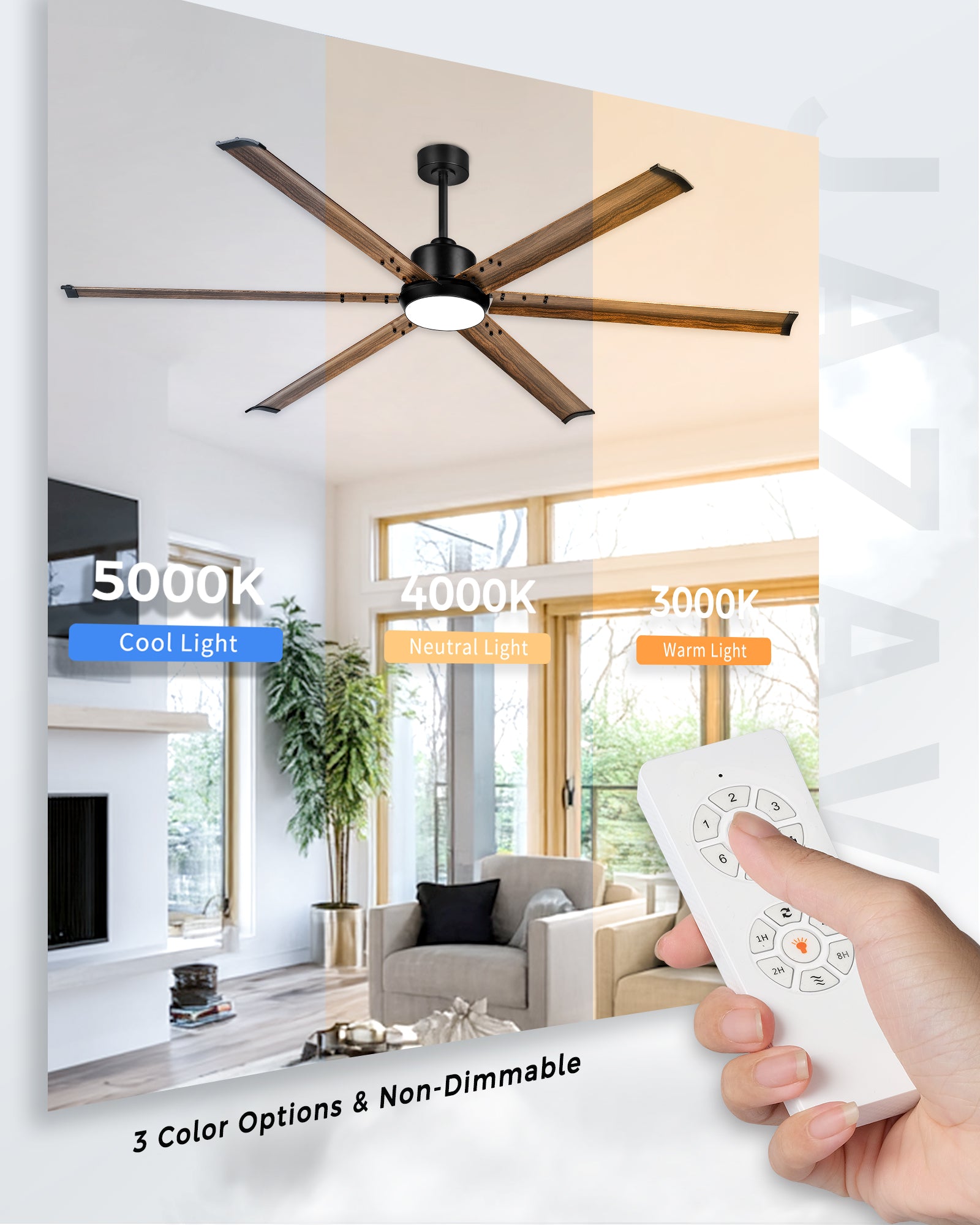 72" Industrial Ceiling Fan with Light, Aluminium Blades, Black & Wood Grain