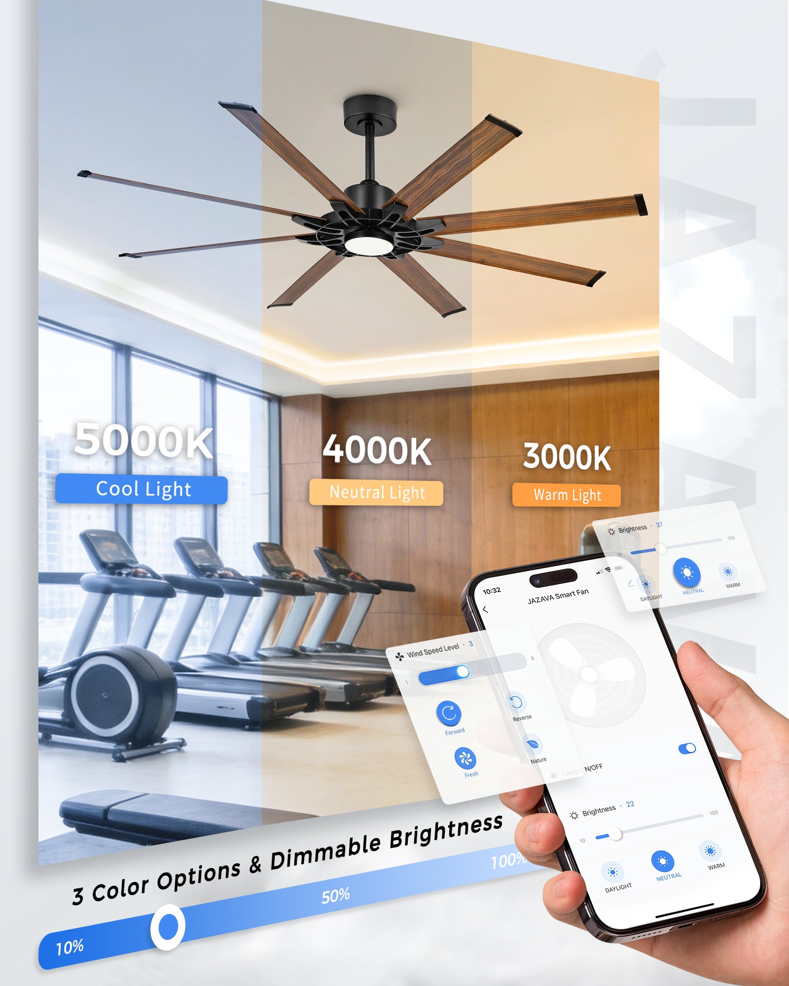 72" Smart Ceiling Fan with Light, Patented Hub Design, Aluminium Blade, Alexa App Control, Walnut