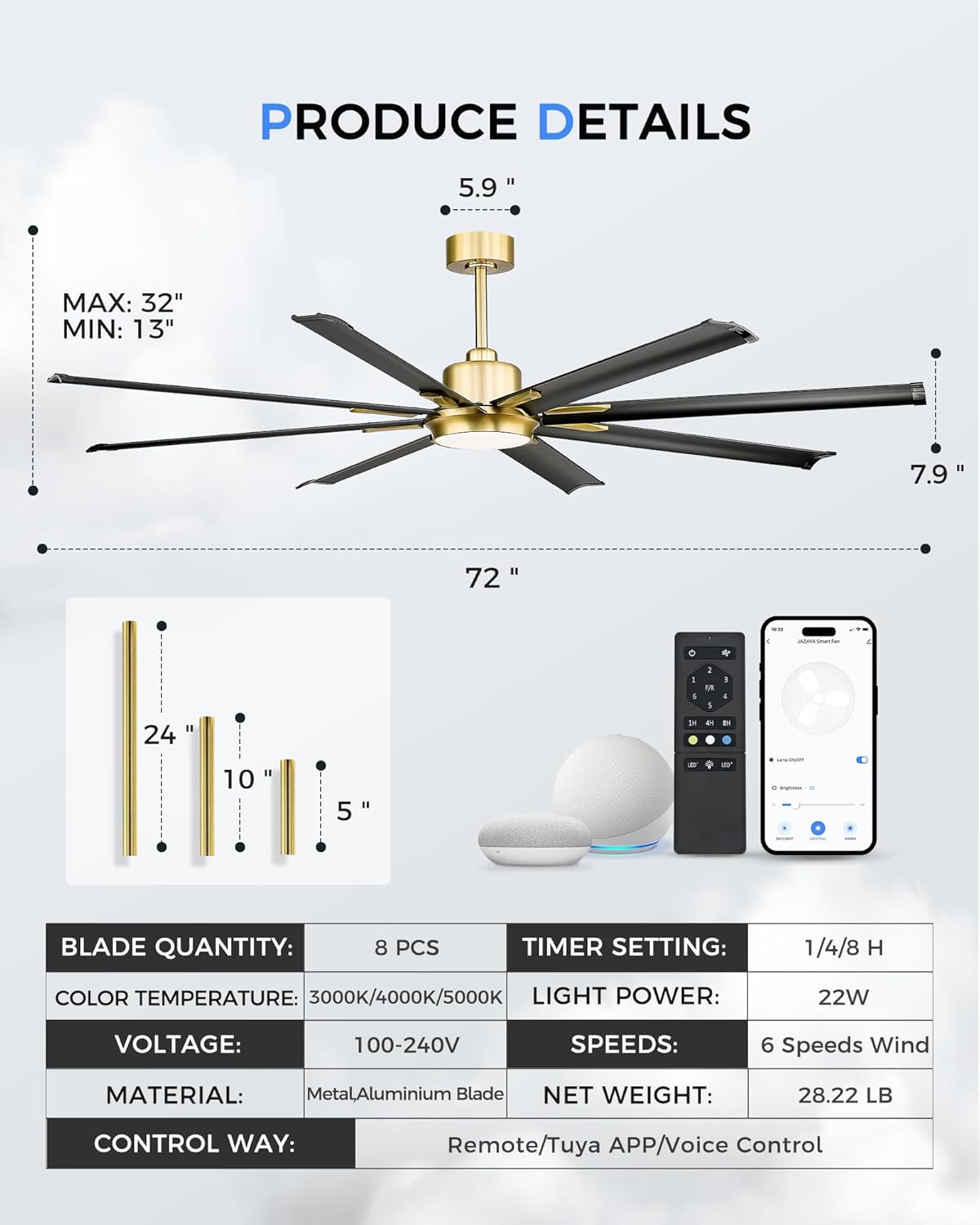 72 Inch White & Gold Ceiling Fan,Smart Ceiling Fan with Voice Control,Work With Alexa and Geogle,Large Ceiling Fan With 8 Aluminium Metal Blades