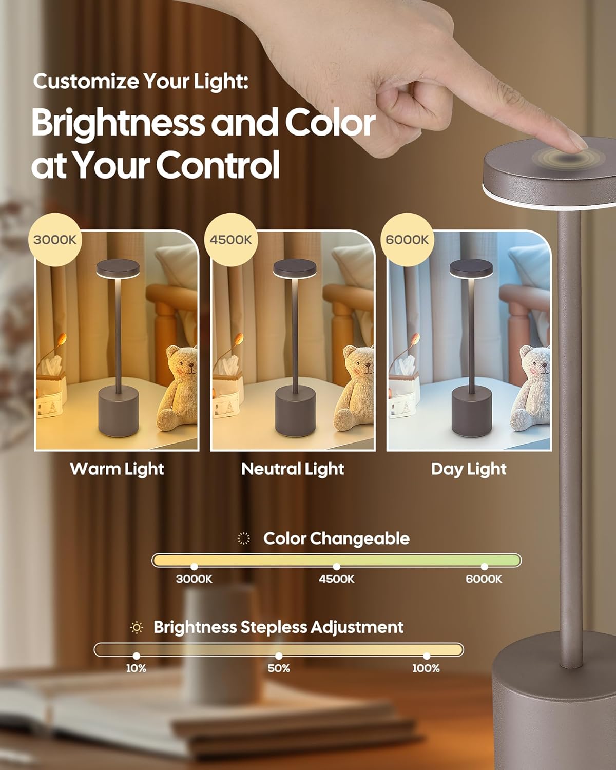 Cordless LED Desk Lamp, Black Table Lamp with 3 Colors, 5200mAh Battery Operated for Home Office Restaurant Bedroom Bars (2 Pack)