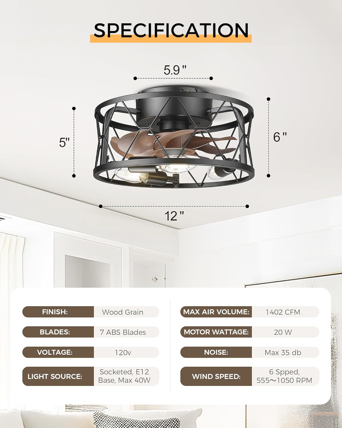 Caged Ceiling Fans with Lights,12 Inch Flush Mount Ceiling Fan with Remote Control,Matte Black Small Low Profile Ceiling Fan for Laundry room,Bedroom,Hallway