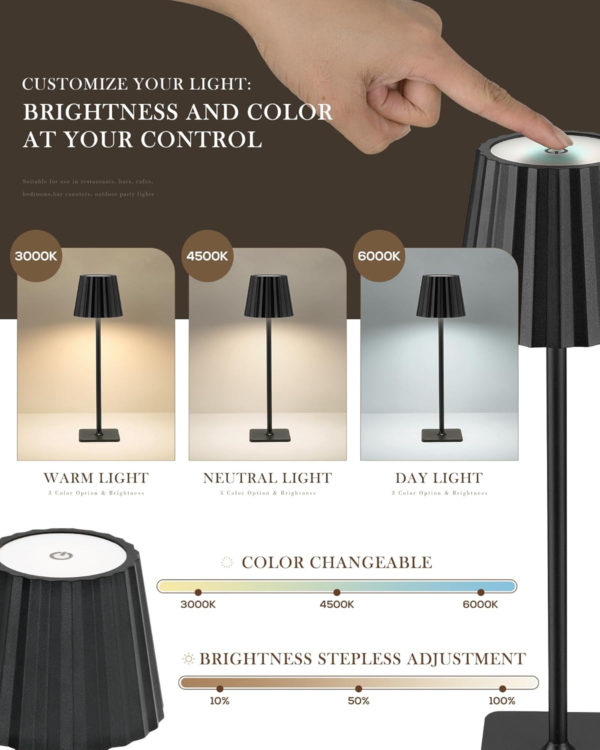 Cordless LED Desk Lamps, Rechargeable Table Lamp with 3 Colors, 5200mAh Battery Operated for Home Office Restaurant Bedroom Bars (2 Pack)