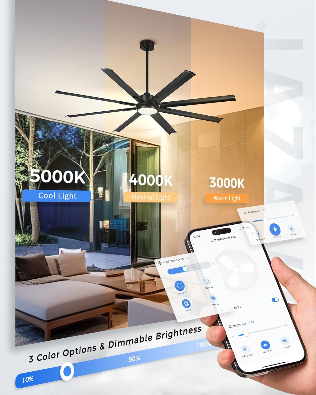 72 Inch White & Gold Ceiling Fan,Smart Ceiling Fan with Voice Control,Work With Alexa and Geogle,Large Ceiling Fan With 8 Aluminium Metal Blades