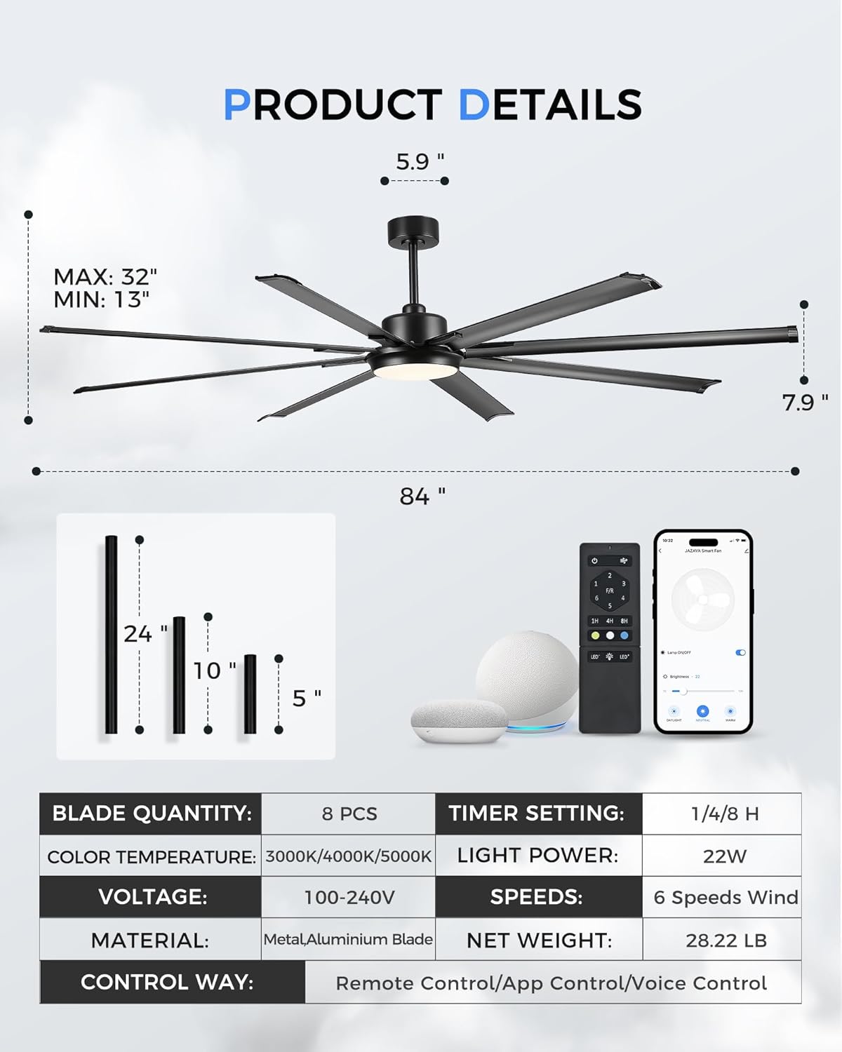 84 Inch Industrial Ceiling Fans With Lights and Remote,Extra Large Indoor/Outdoor Ceiling Fan With 8 Aluminium Metal Blades,Brushed Nickel Ceiling Fan,Works with Alexa and Google Home