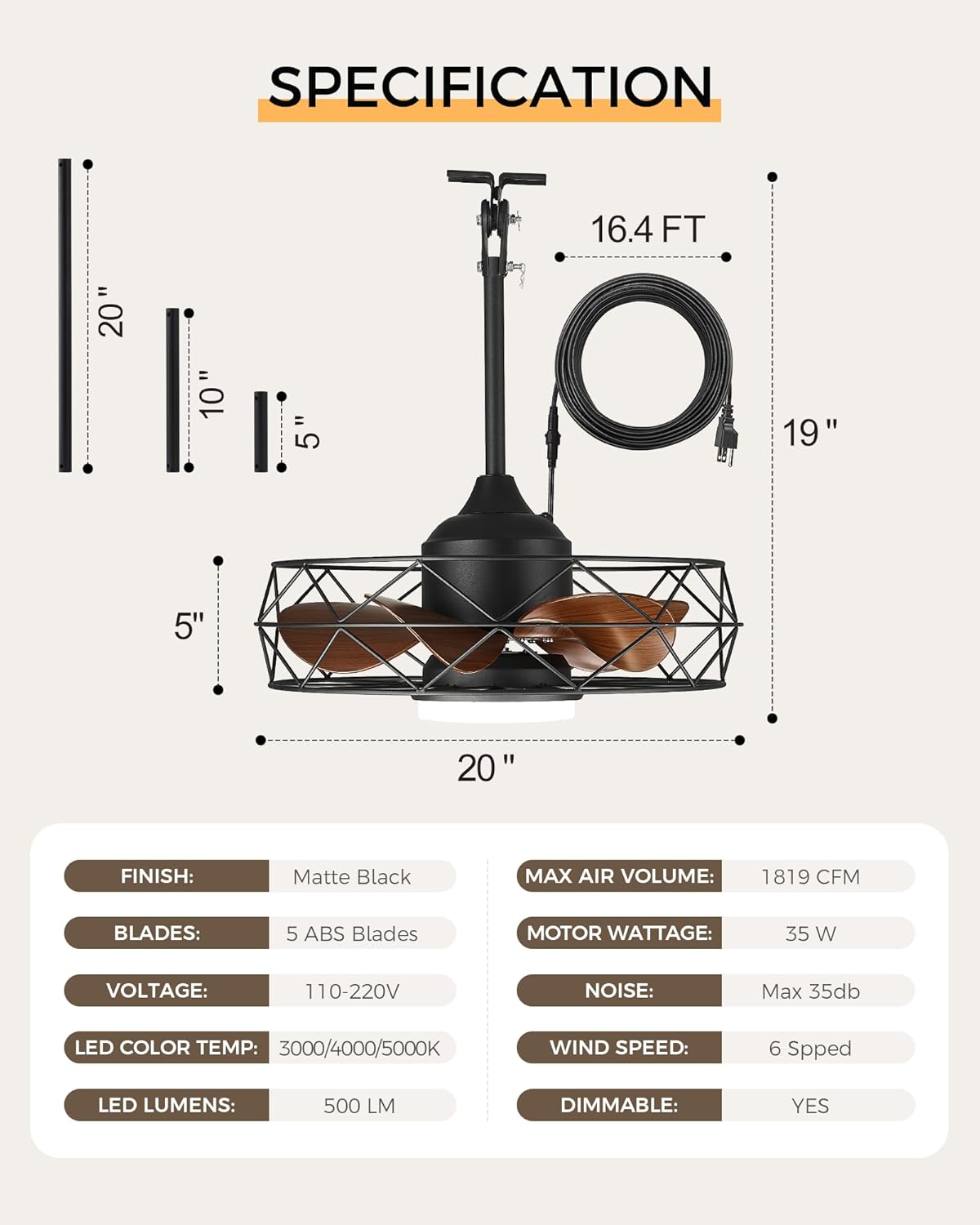 Outdoor Ceiling Fans with Light and Remote Control, 20" Wet-Rated Gazebo Hanging Fans for Patios, Caged Ceiling Fan with 3 Color Temperatures