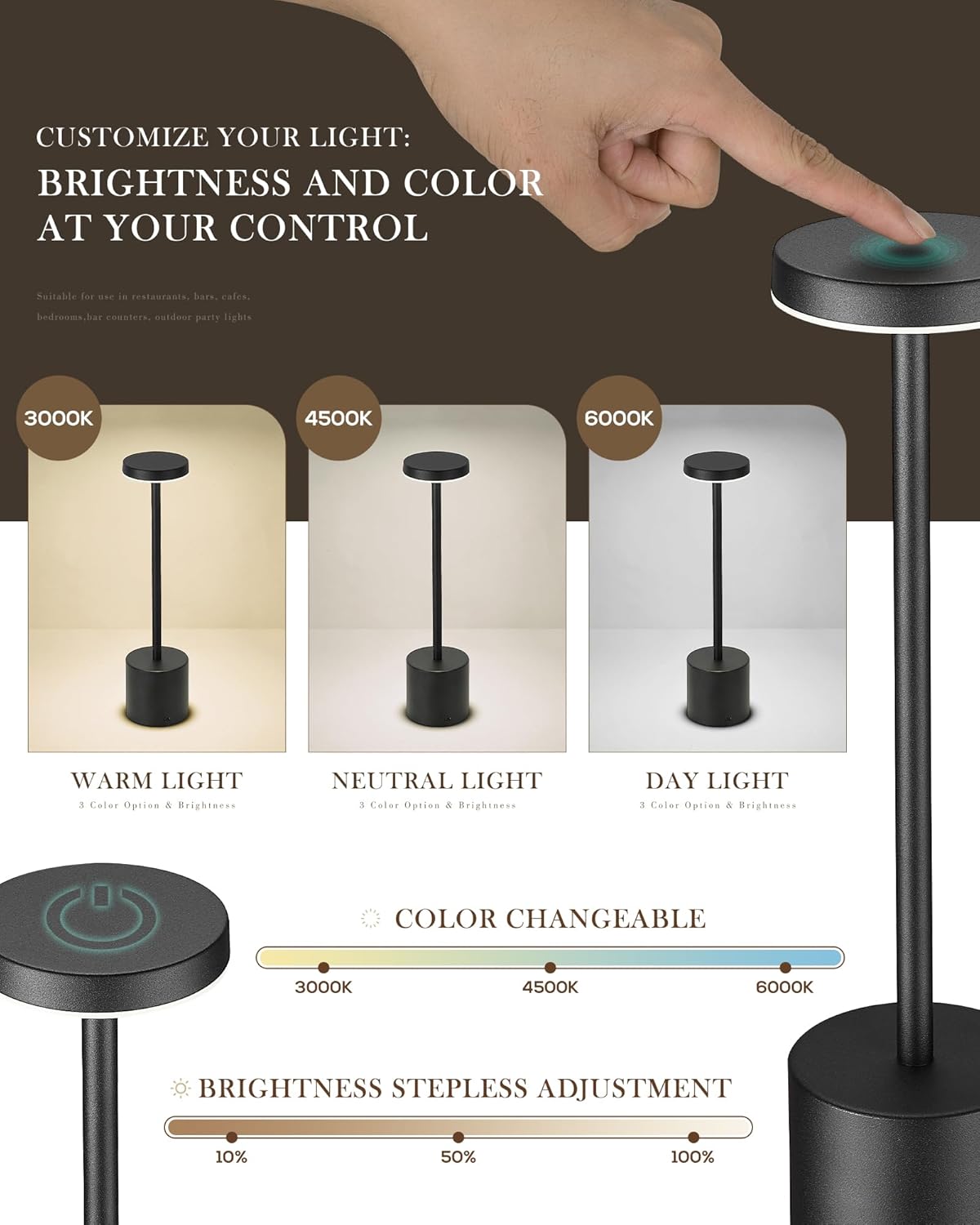 Cordless LED Desk Lamp, Black Table Lamp with 3 Colors, 5200mAh Battery Operated for Home Office Restaurant Bedroom Bars (2 Pack)