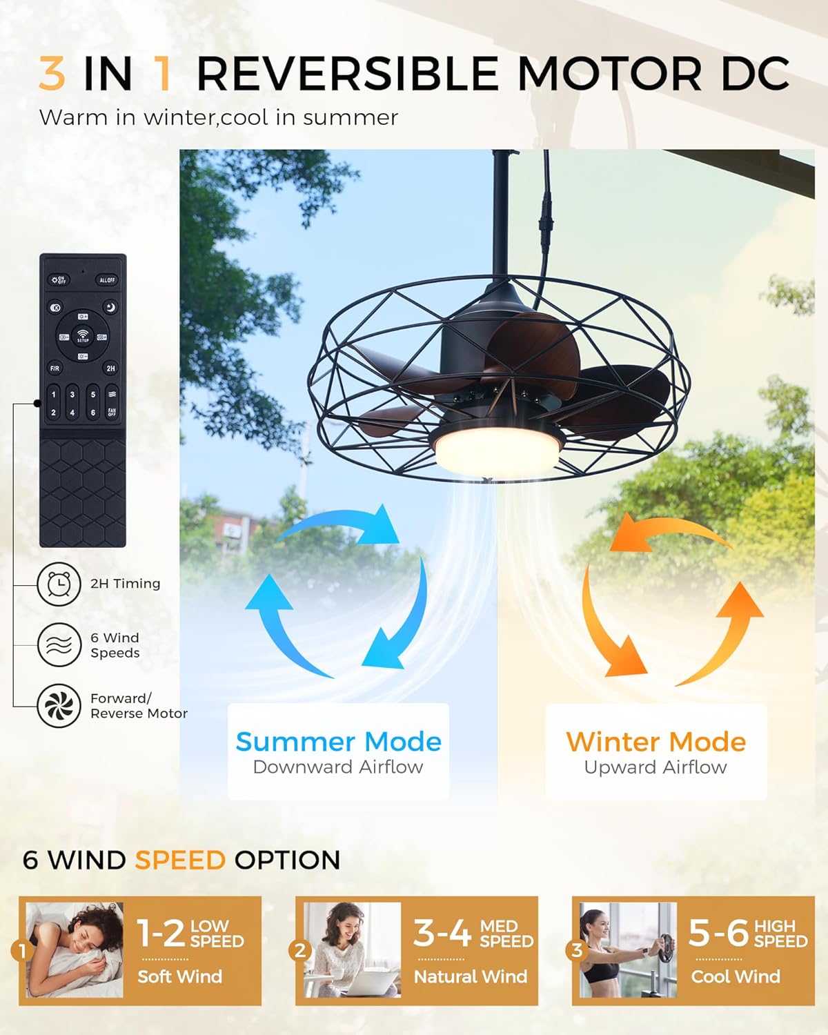 Outdoor Ceiling Fans with Light and Remote Control, 20" Wet-Rated Gazebo Hanging Fans for Patios, Caged Ceiling Fan with 3 Color Temperatures