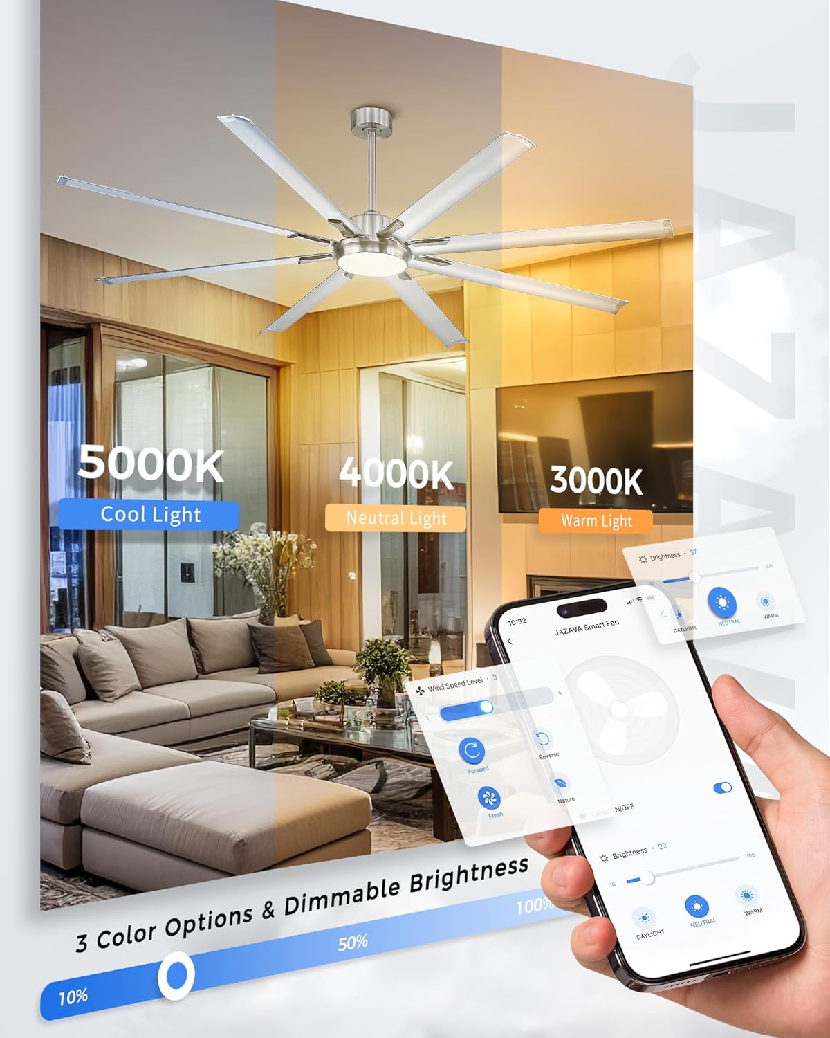 84 Inch Industrial Ceiling Fans With Lights and Remote,Extra Large Indoor/Outdoor Ceiling Fan With 8 Aluminium Metal Blades,Brushed Nickel Ceiling Fan,Works with Alexa and Google Home