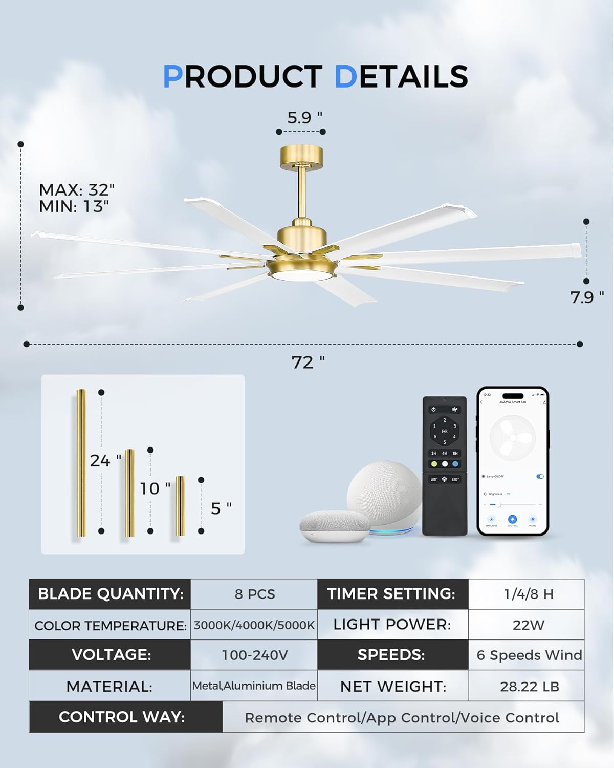 72 Inch White & Gold Ceiling Fan,Smart Ceiling Fan with Voice Control,Work With Alexa and Geogle,Large Ceiling Fan With 8 Aluminium Metal Blades