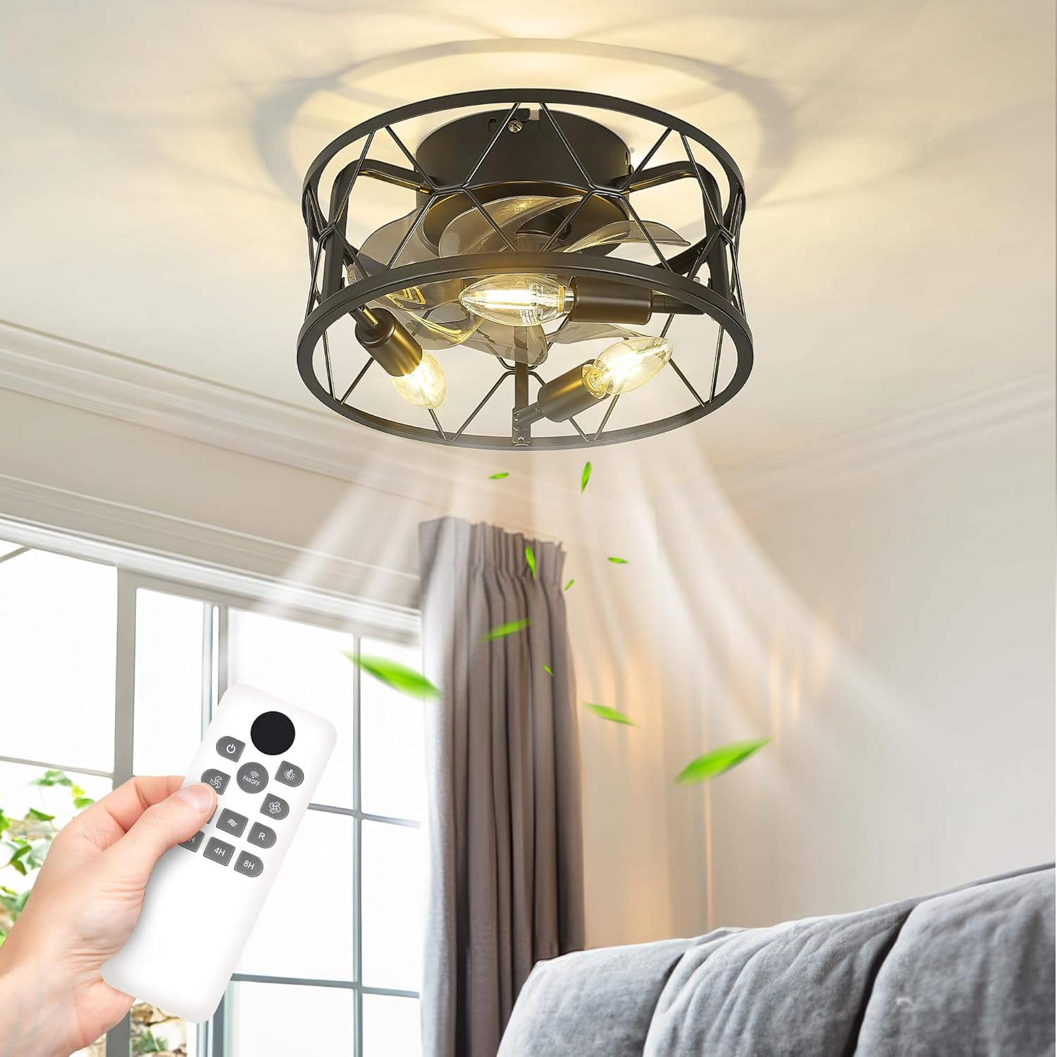 Caged Ceiling Fans with Lights,12 Inch Flush Mount Ceiling Fan with Remote Control,Matte Black Small Low Profile Ceiling Fan for Laundry room,Bedroom,Hallway