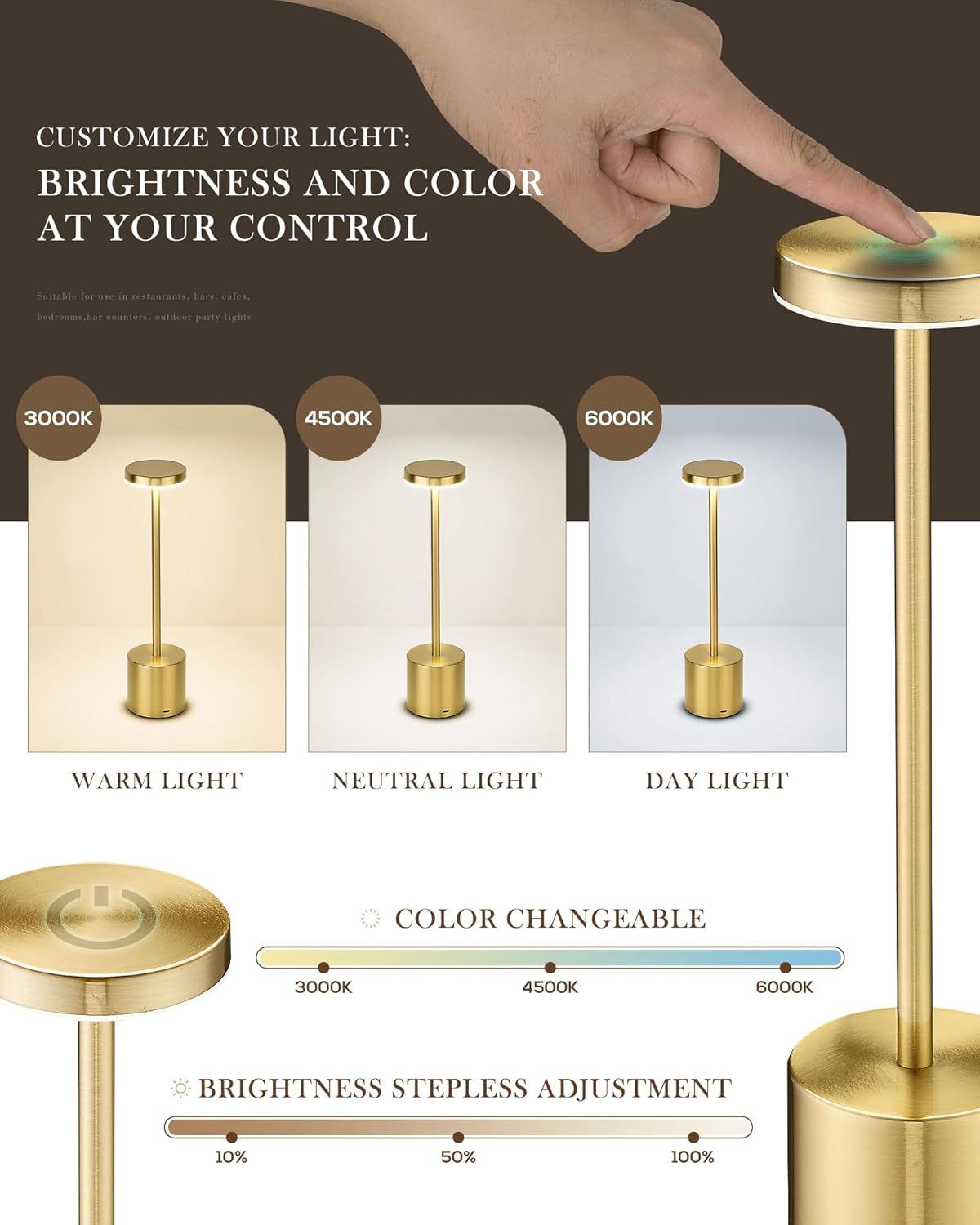 Cordless LED Desk Lamp, Black Table Lamp with 3 Colors, 5200mAh Battery Operated for Home Office Restaurant Bedroom Bars (2 Pack)