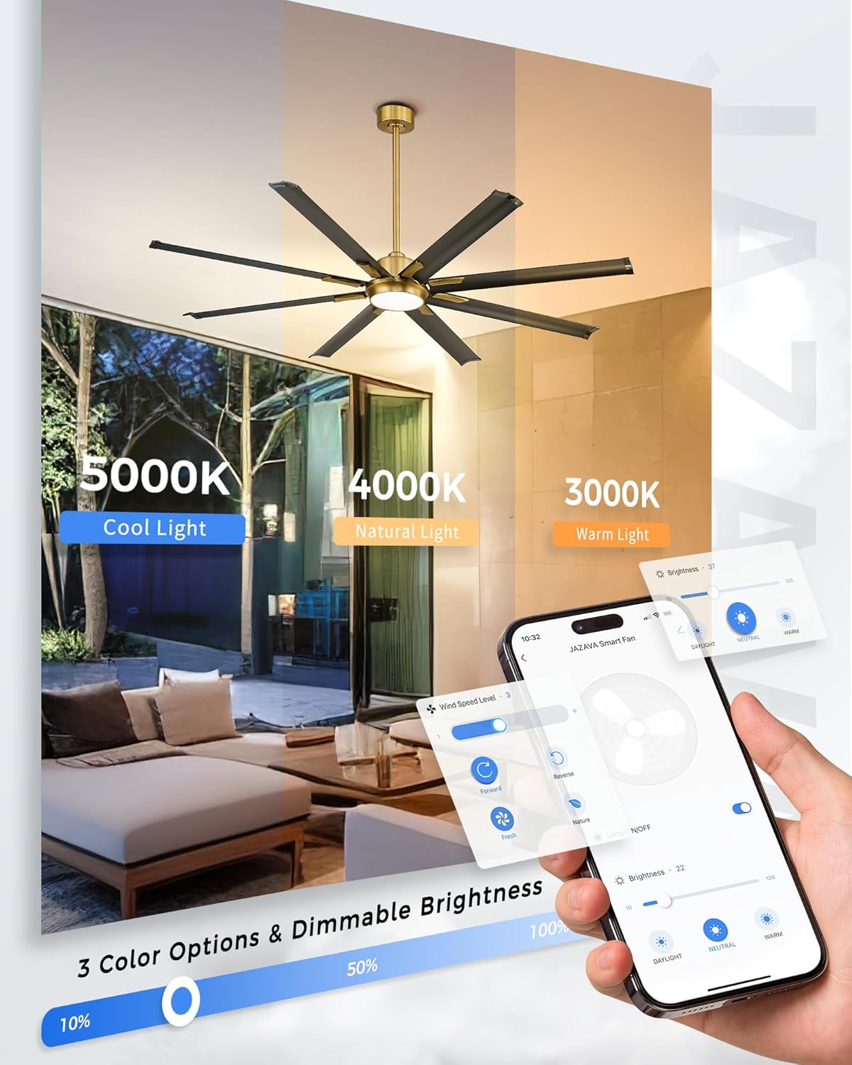 72 Inch White & Gold Ceiling Fan,Smart Ceiling Fan with Voice Control,Work With Alexa and Geogle,Large Ceiling Fan With 8 Aluminium Metal Blades