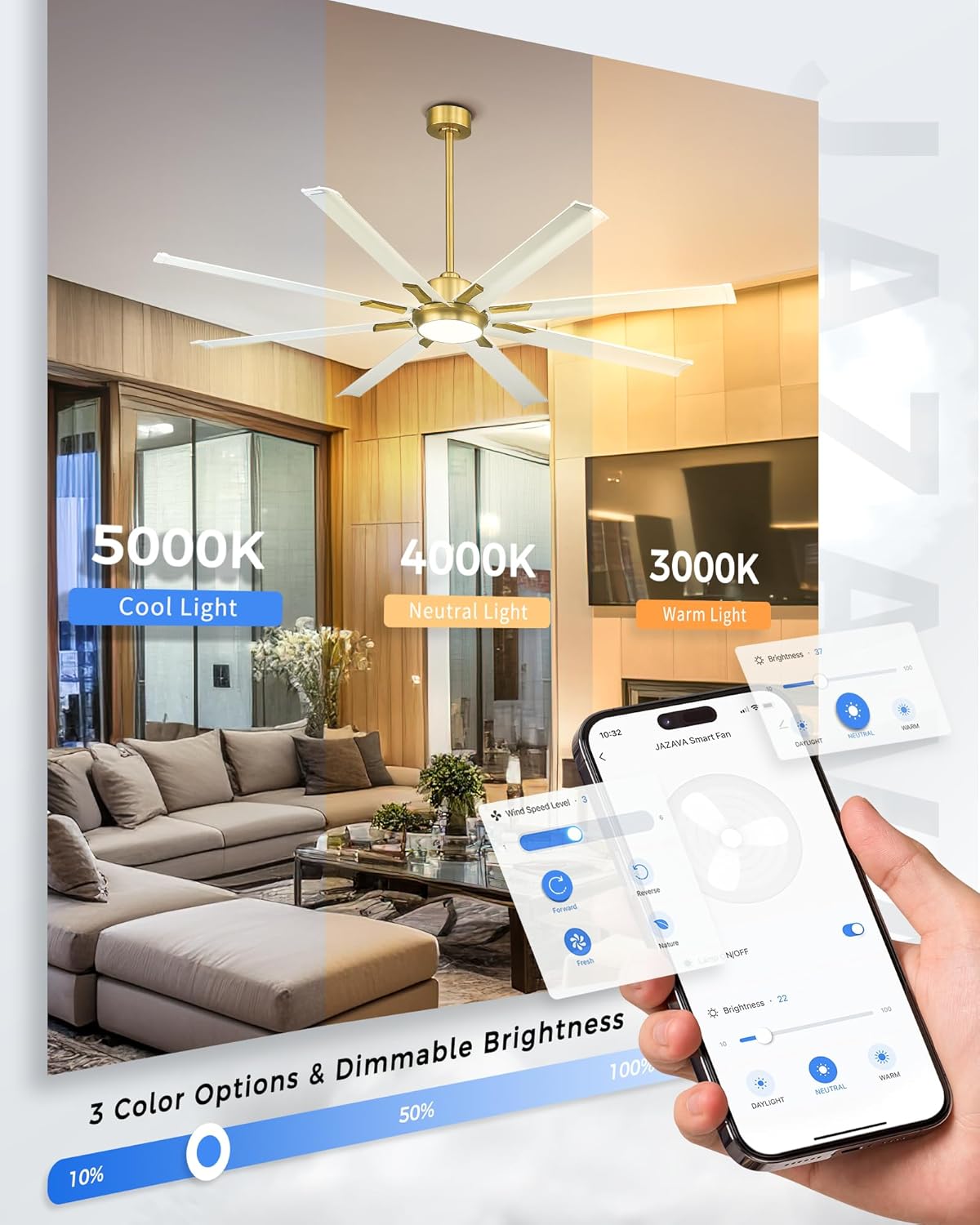 72 Inch White & Gold Ceiling Fan,Smart Ceiling Fan with Voice Control,Work With Alexa and Geogle,Large Ceiling Fan With 8 Aluminium Metal Blades