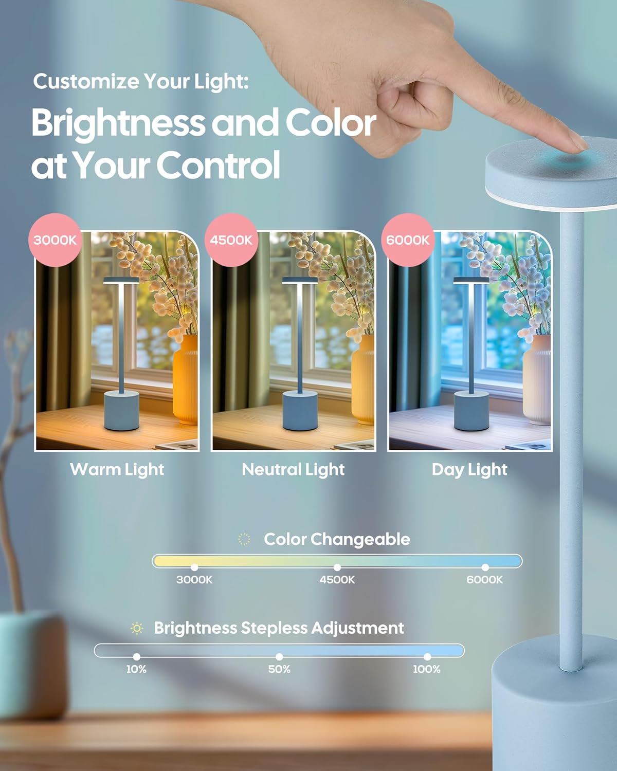 Cordless LED Desk Lamp, Black Table Lamp with 3 Colors, 5200mAh Battery Operated for Home Office Restaurant Bedroom Bars (2 Pack)