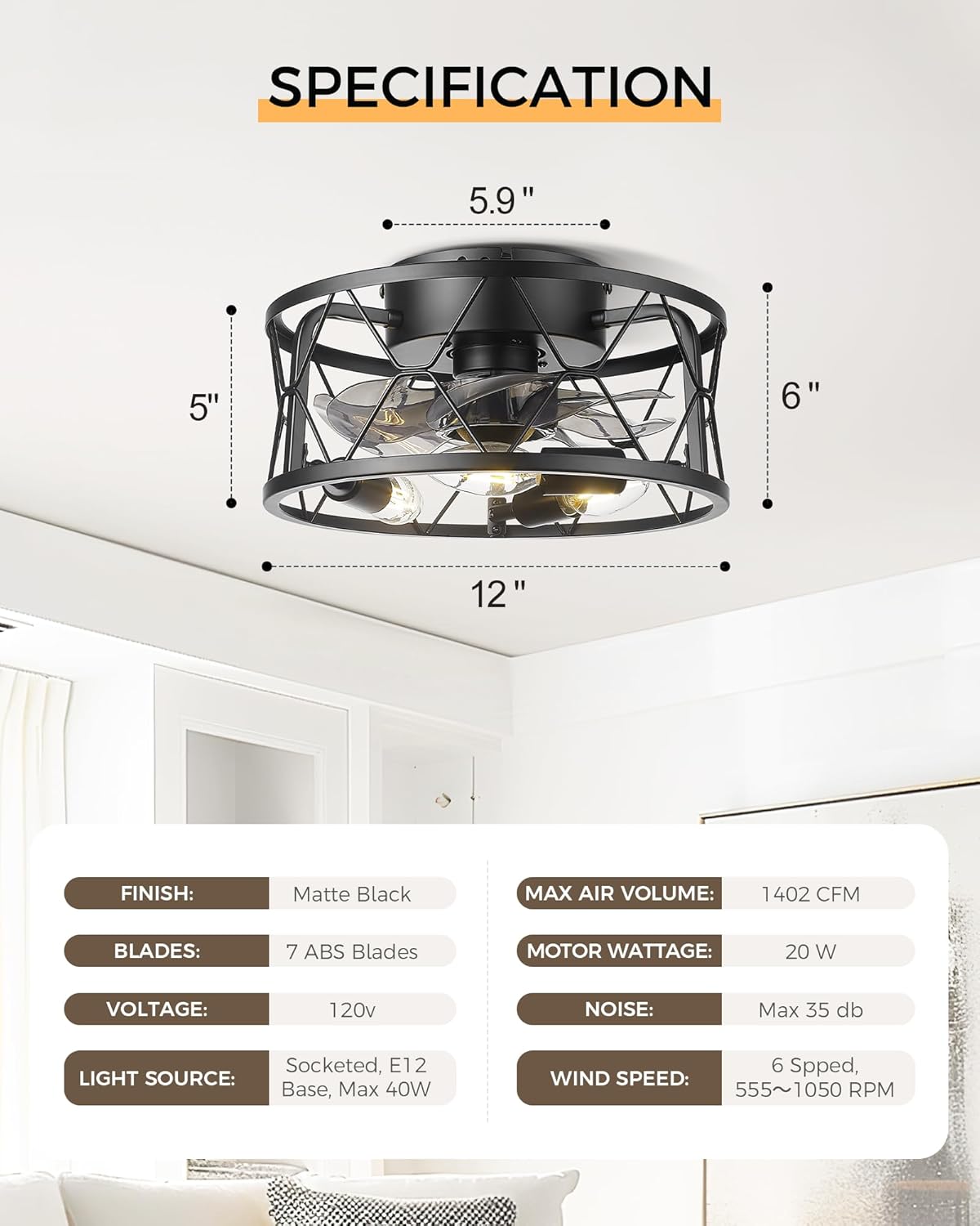 Caged Ceiling Fans with Lights,12 Inch Flush Mount Ceiling Fan with Remote Control,Matte Black Small Low Profile Ceiling Fan for Laundry room,Bedroom,Hallway