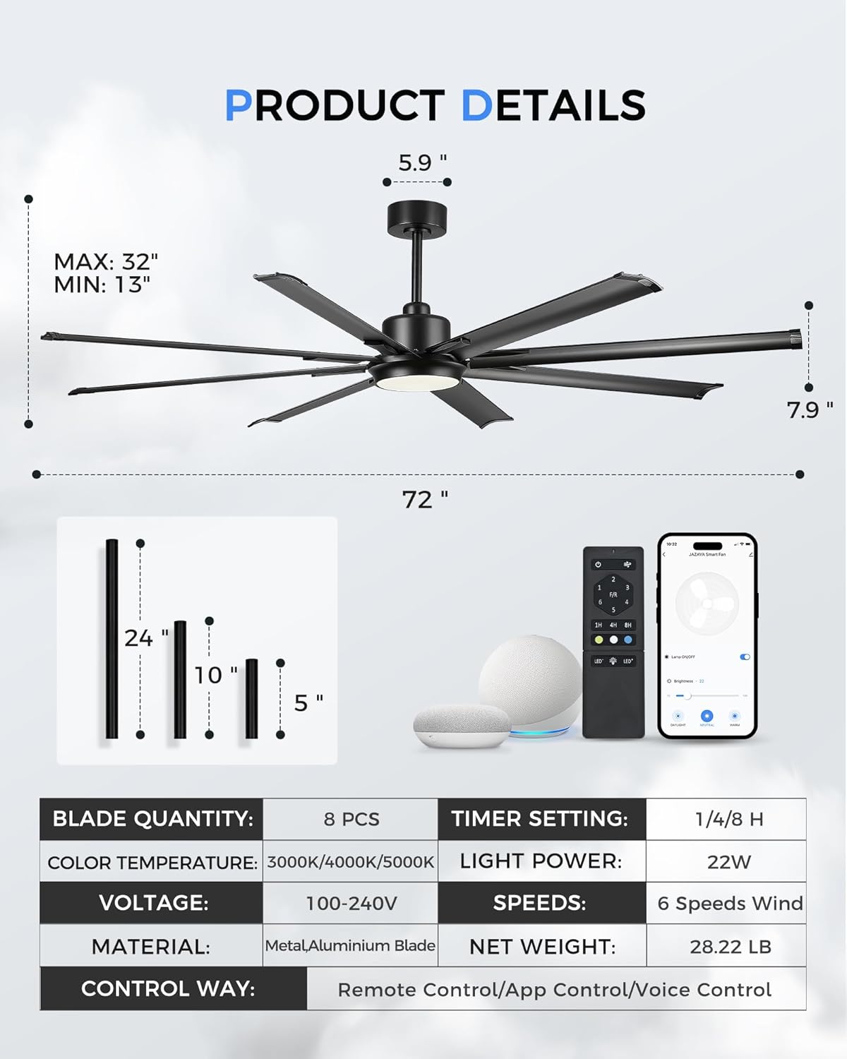 72 Inch White & Gold Ceiling Fan,Smart Ceiling Fan with Voice Control,Work With Alexa and Geogle,Large Ceiling Fan With 8 Aluminium Metal Blades