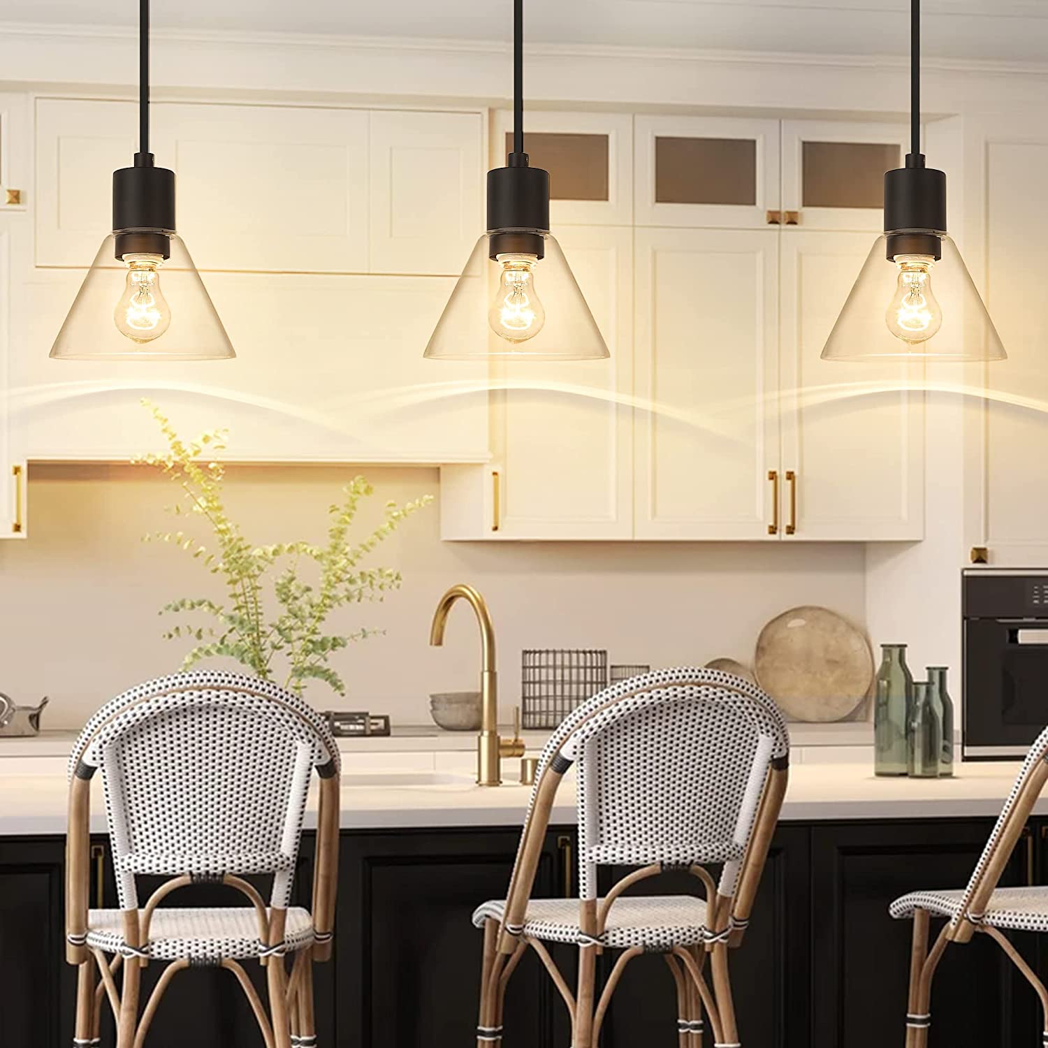 Modern Kitchen Island Lighting with Clear Glass Shade in Matte Black Finish - 7 inch Pendant Hanging Lights - USAG00318