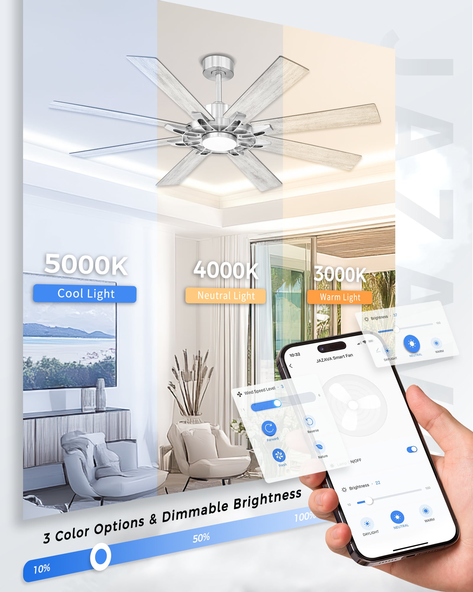 60" Smart Ceiling Fan with Light, Patented Hub Design, Plywood Blade, Alexa App Control, Brushed Nickel & Wood