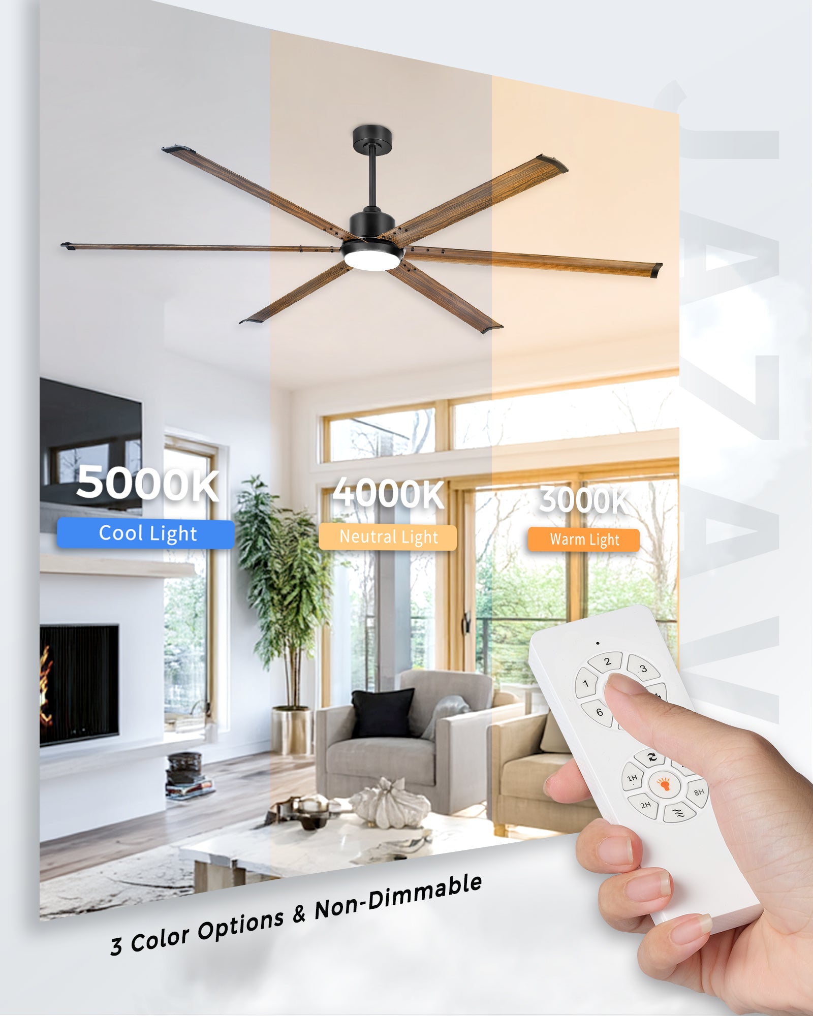 84" Industrial Ceiling Fan with Light, Aluminium Blades, Black & Wood Grain
