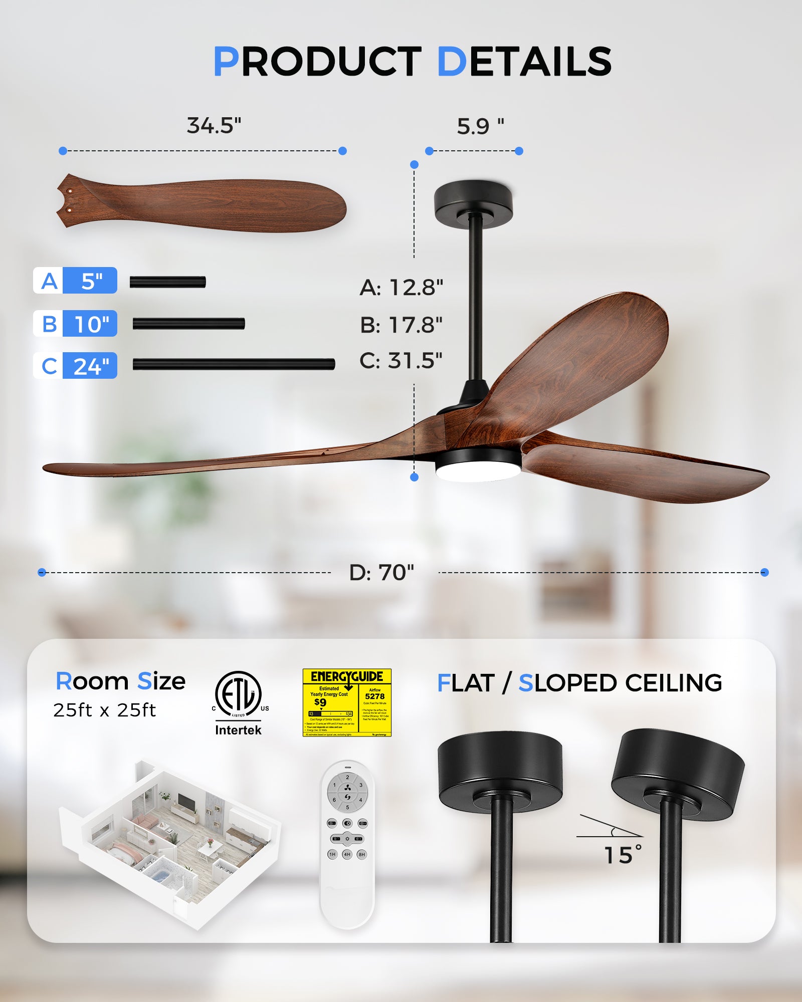 70" Coastal Ceiling Fan with Light, Corrosion-Resistant, Quiet DC Motor, 3CCT LED, Remote Control, Walnut