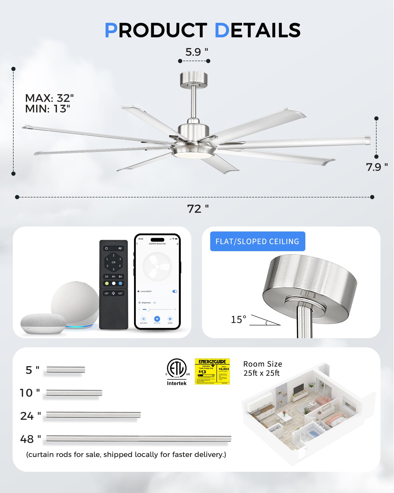 72" Smart Ceiling Fan with Light,Aluminium Blades,Works with Alexa,Brushed Nickel