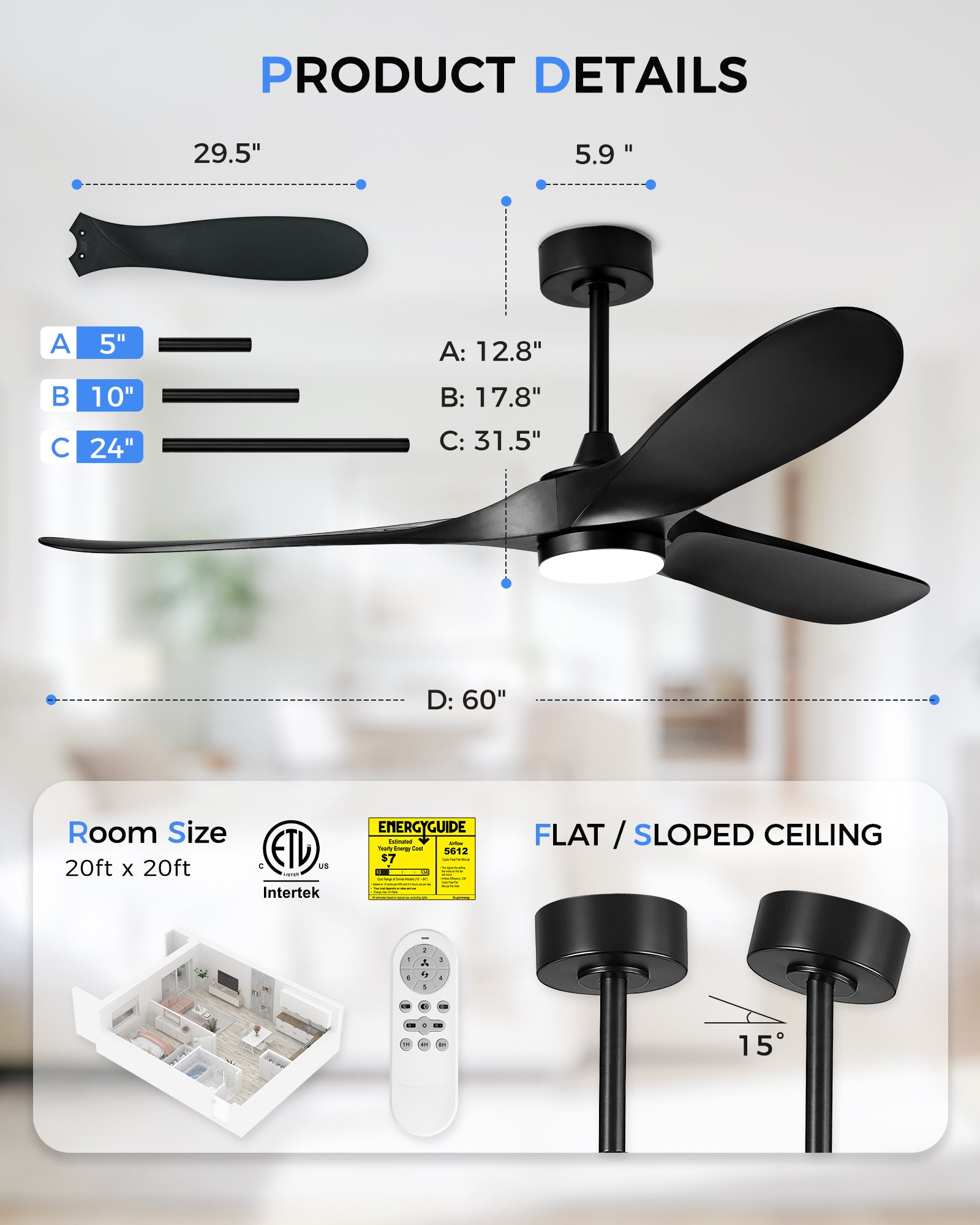 60" Coastal Ceiling Fan with Light, Corrosion-Resistant, Quiet DC Motor, 3CCT LED, Remote Control, Black