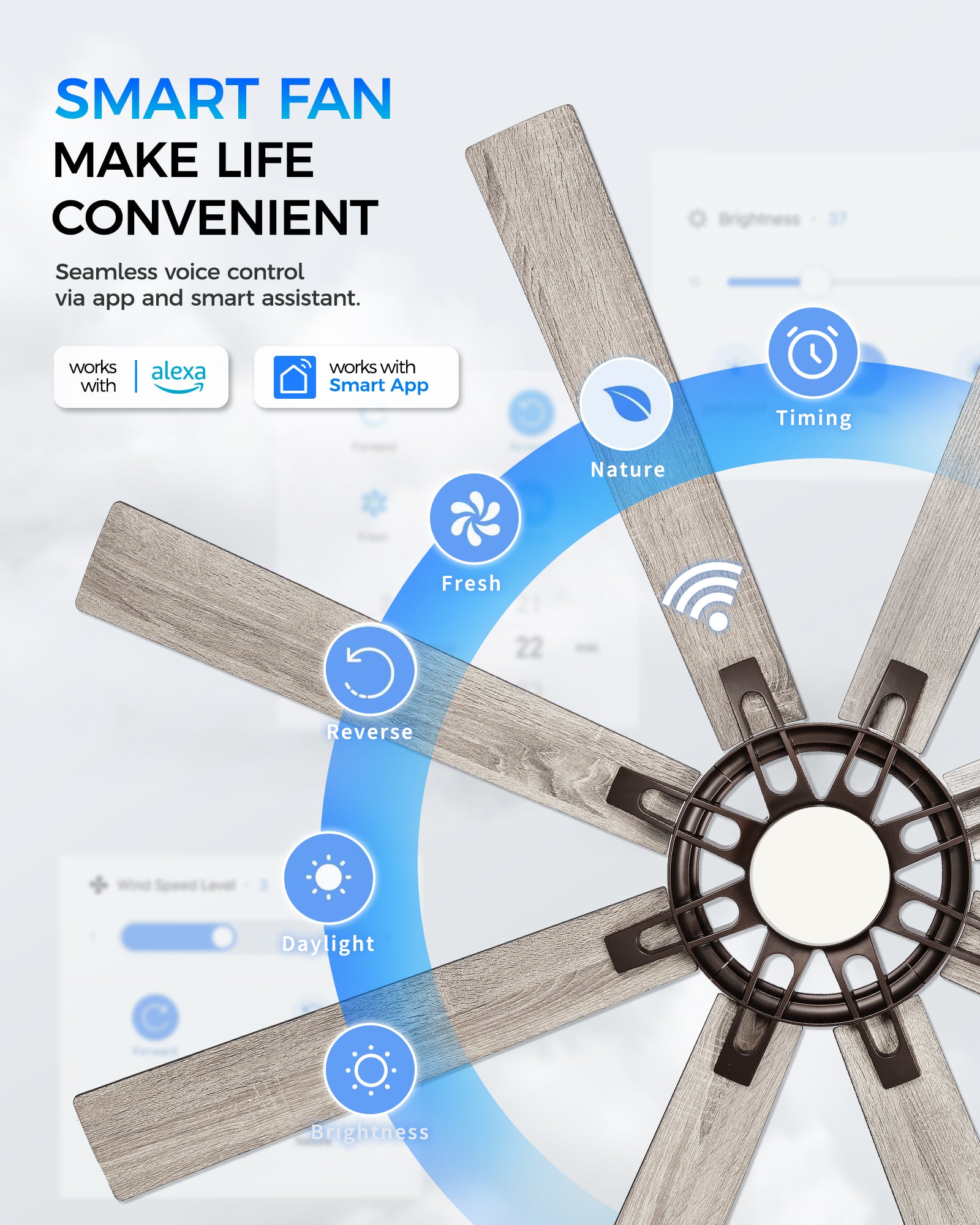 72" Smart Ceiling Fan with Light, Patented Hub Design, Plywood Blade, Alexa App Control, Bronze & Wood
