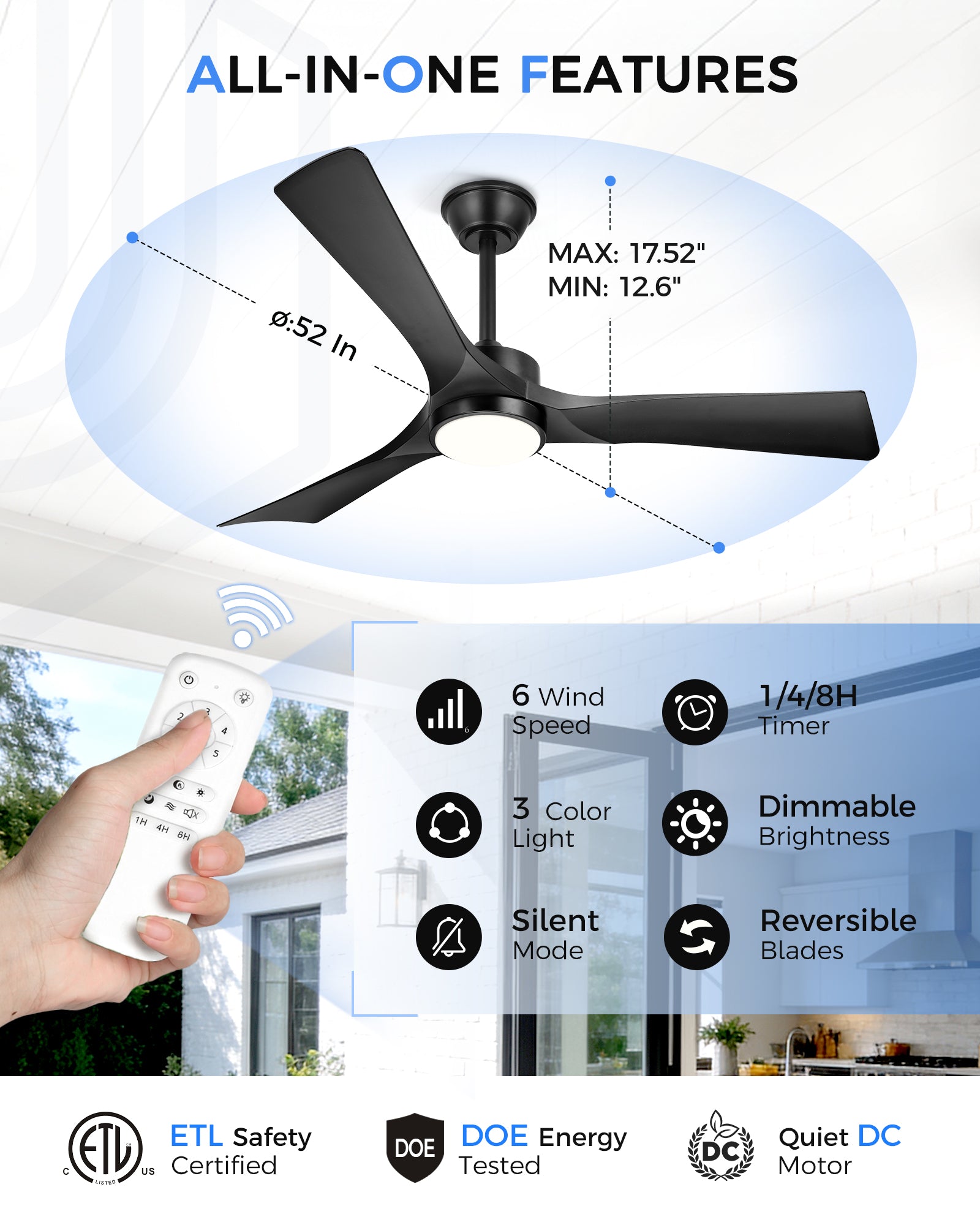 52" Coastal Ceiling Fan with Light, Corrosion-Resistant, Quiet DC Motor, 3CCT LED, Remote Control, Black