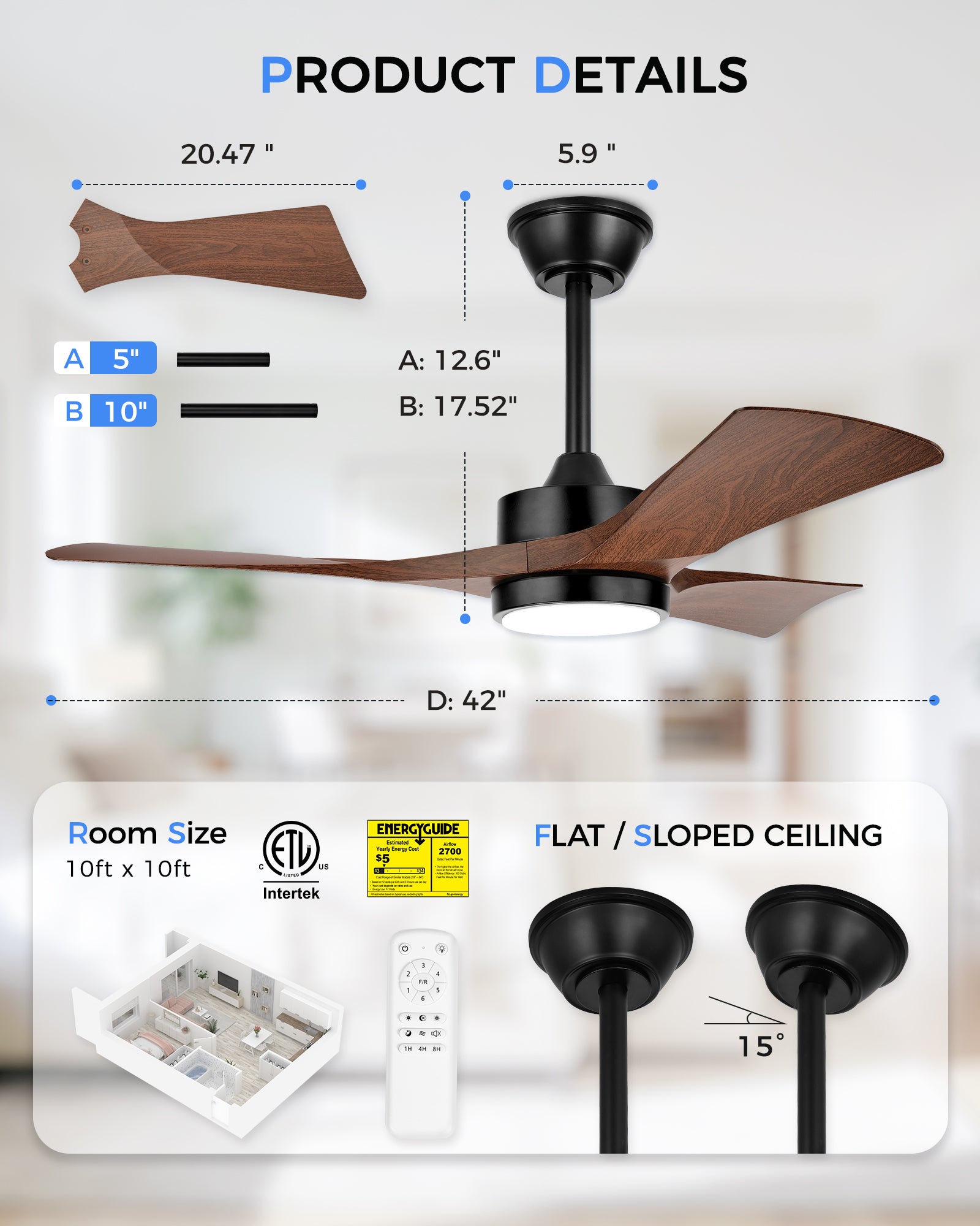 42" Coastal Ceiling Fan with Light, Corrosion-Resistant, Quiet DC Motor, 3CCT LED, Remote Control, Walnut